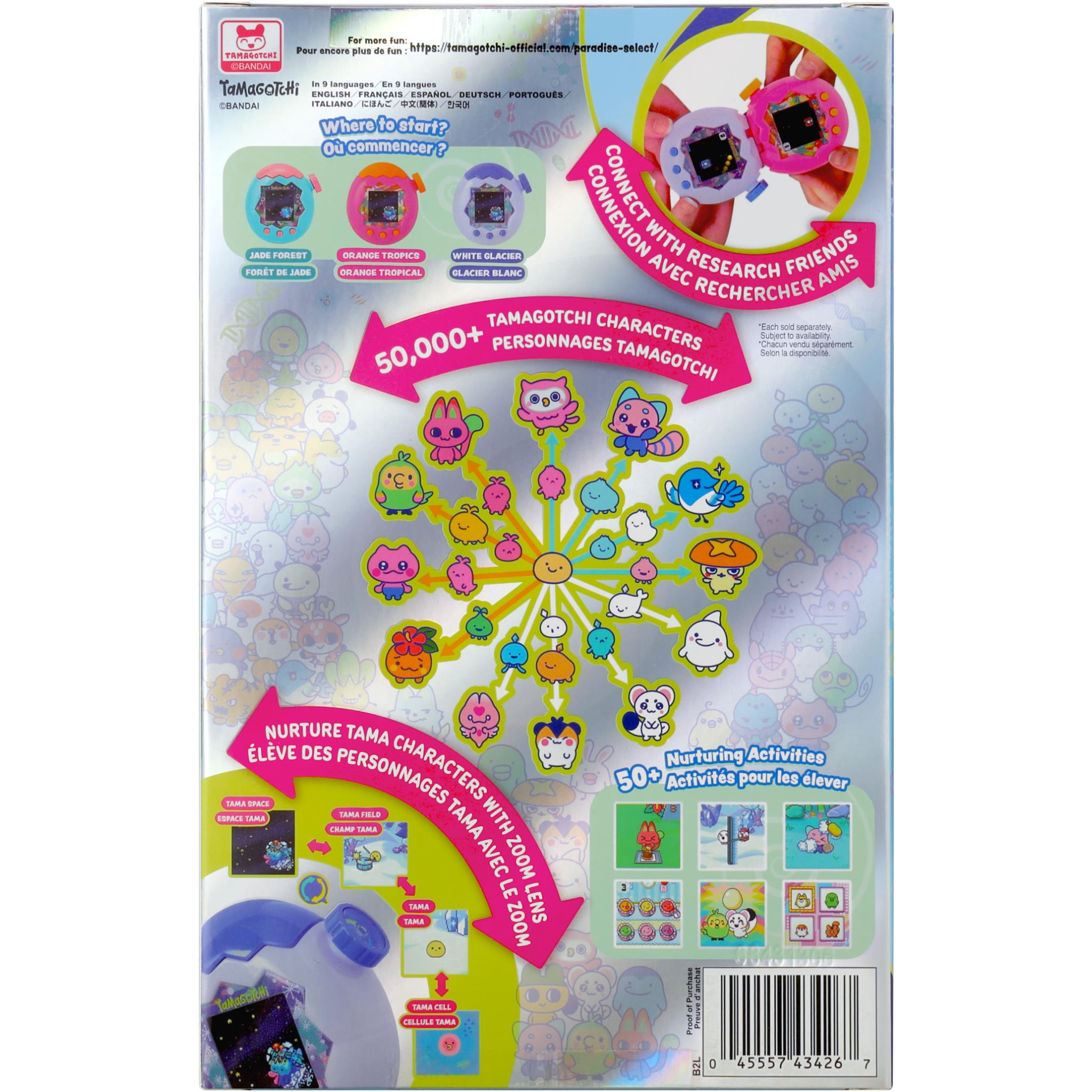 Back of Tamagotchi Paradise digital pet package with activity map and icons