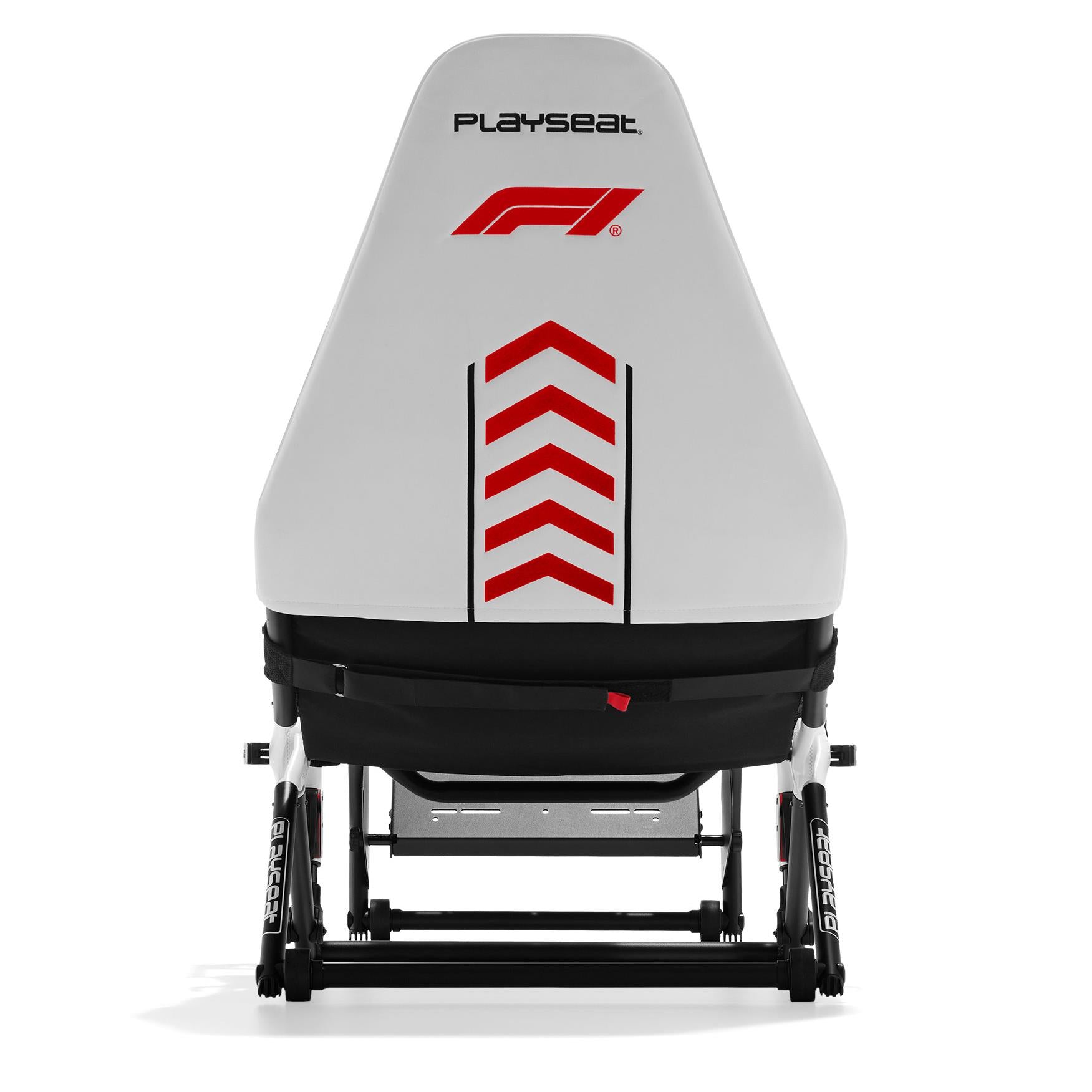 Playseat F1 sim racing chair cockpit with black seat cushion and white backrest
