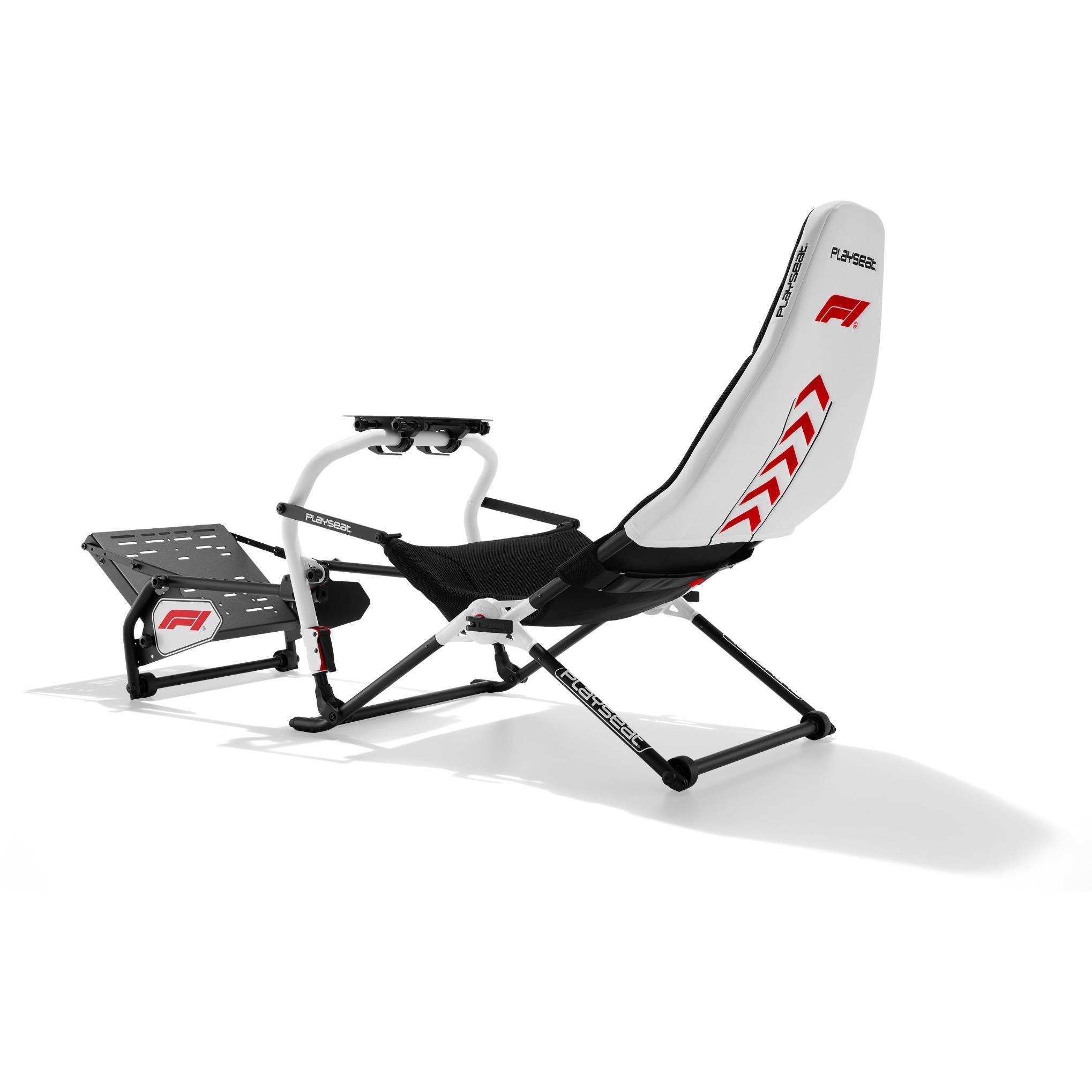Foldable sim racing cockpit chair with black seat, white frame, and front control tray