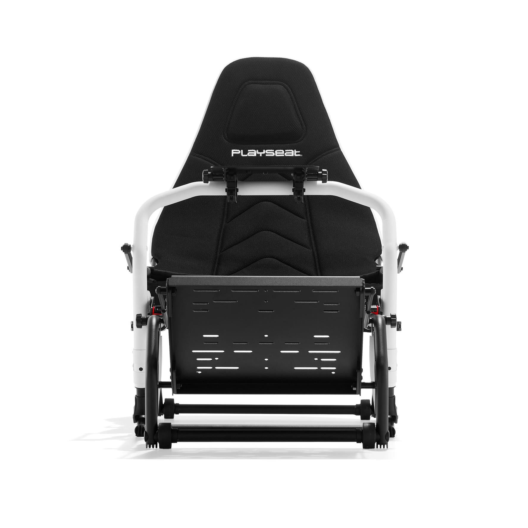 Sim racing cockpit chair with black seat back, white frame, and rear adjustment rails