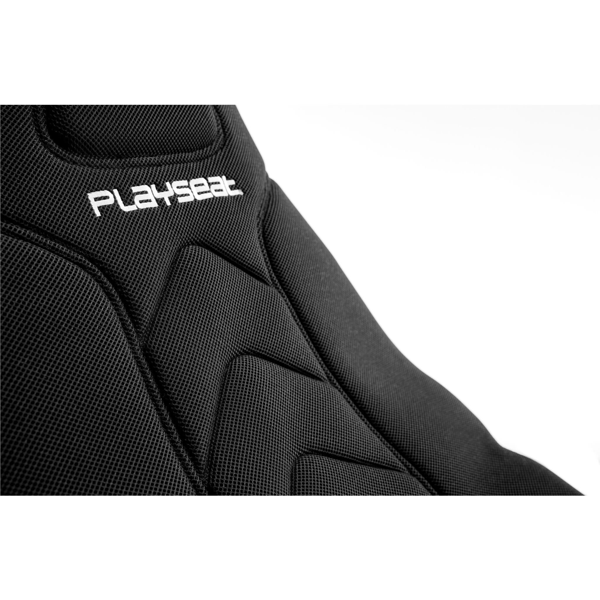 Black textured racing seat with PLAYSEAT logo and stitched panel