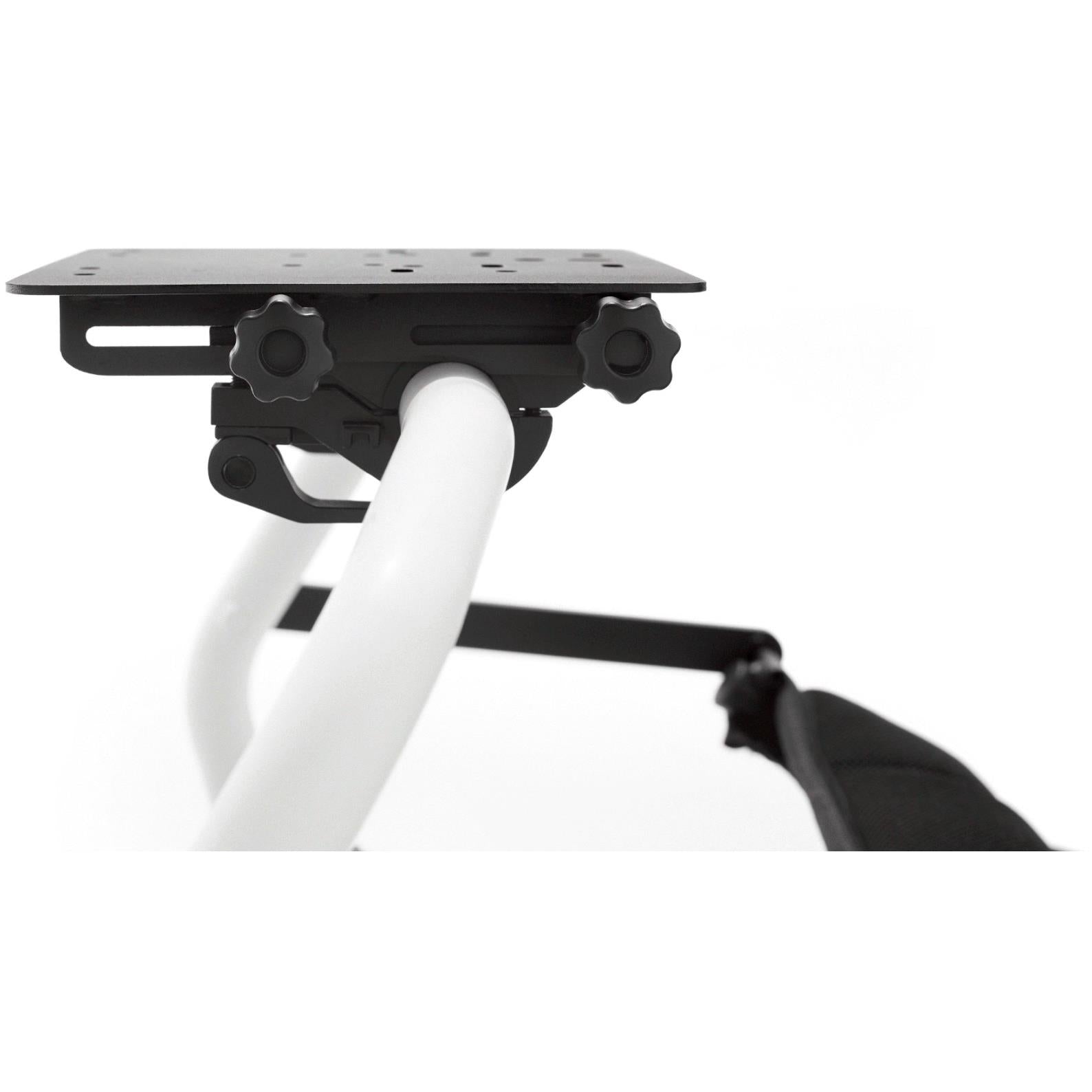 Foldable pedal platform with mounting holes on the black sim racing frame