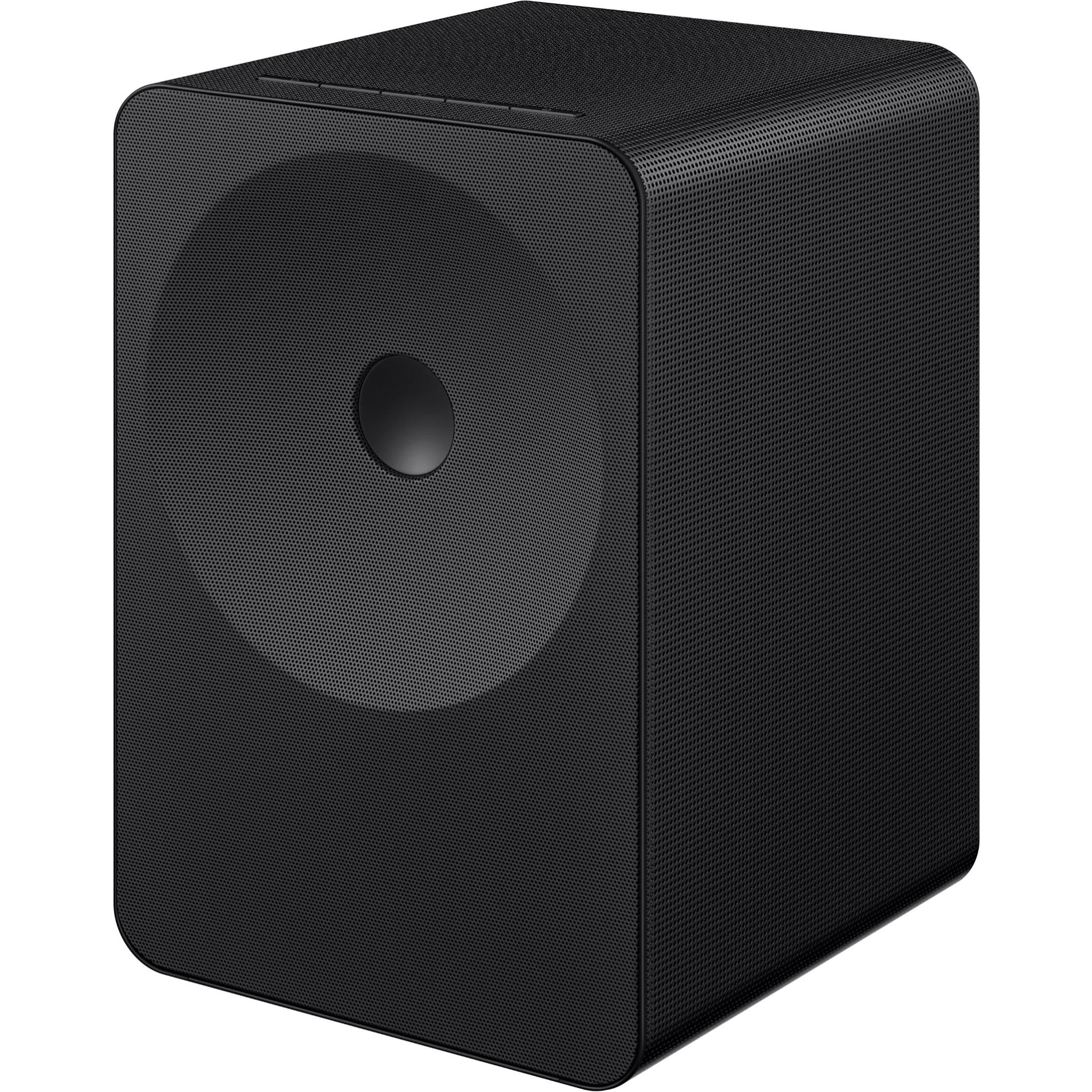 Black Wi-Fi Atmos speaker with front woofer and circular control cutout