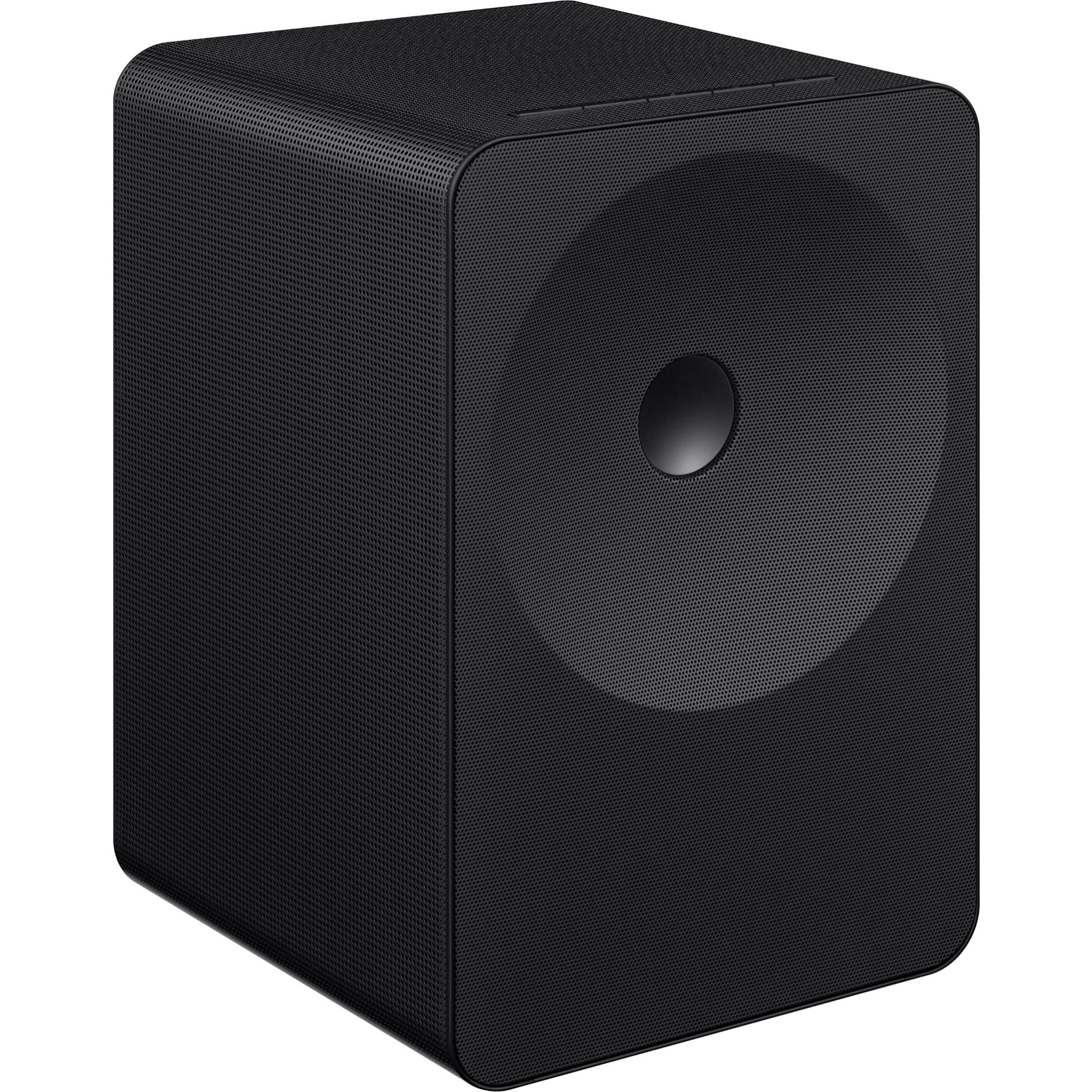 Black Wi-Fi Atmos speaker angled view, front woofer and side panel texture