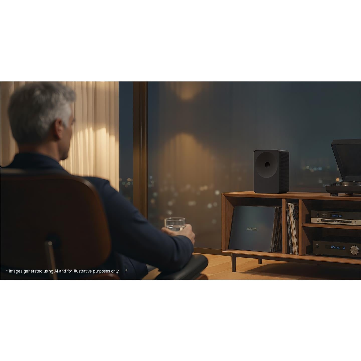 Black Wi‑Fi sound speaker on media console beside TV, viewed from seating area