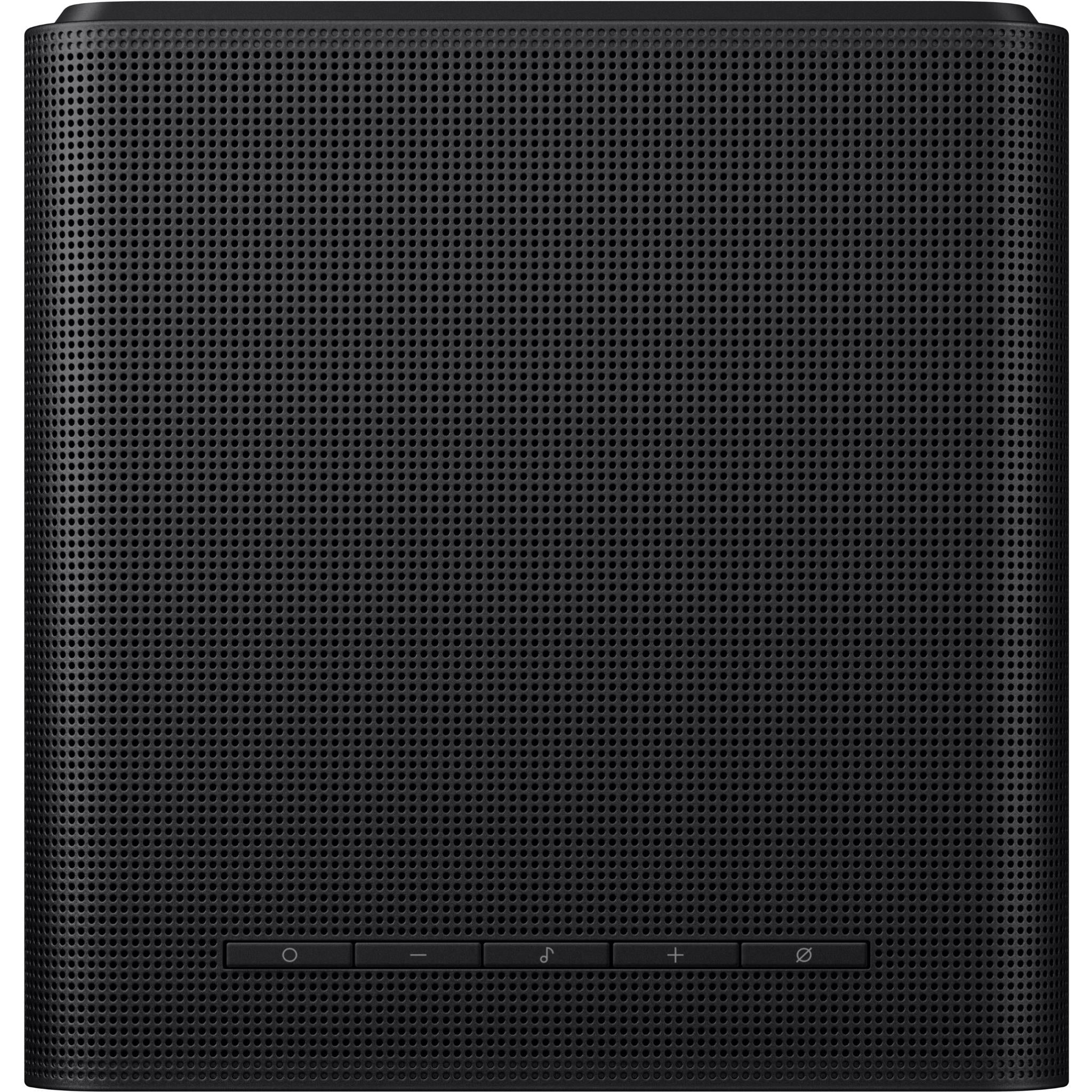 Black Wi-Fi Atmos speaker back view with control bar and perforated grille