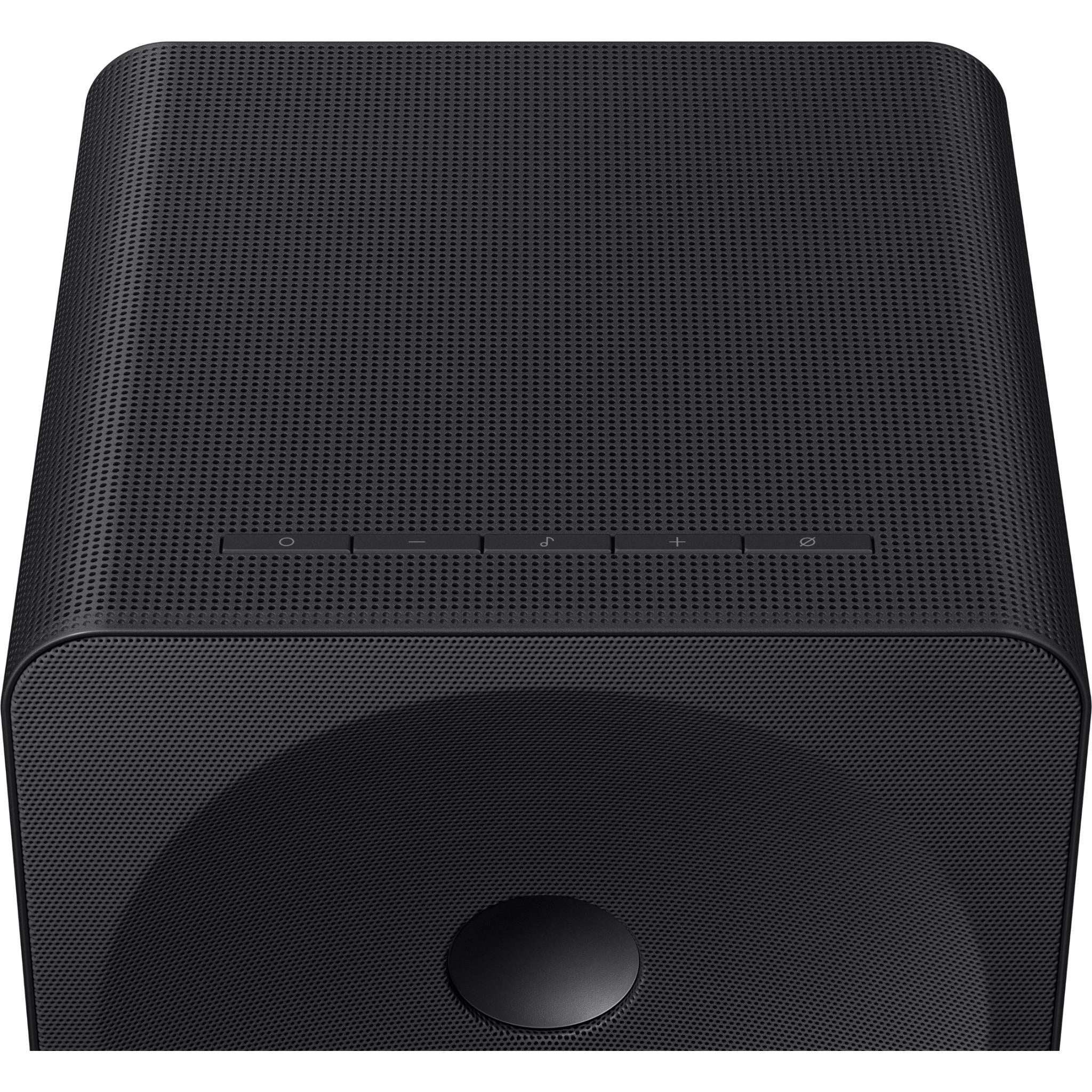 Black Wi-Fi Atmos speaker top-front view with grille and front bass opening