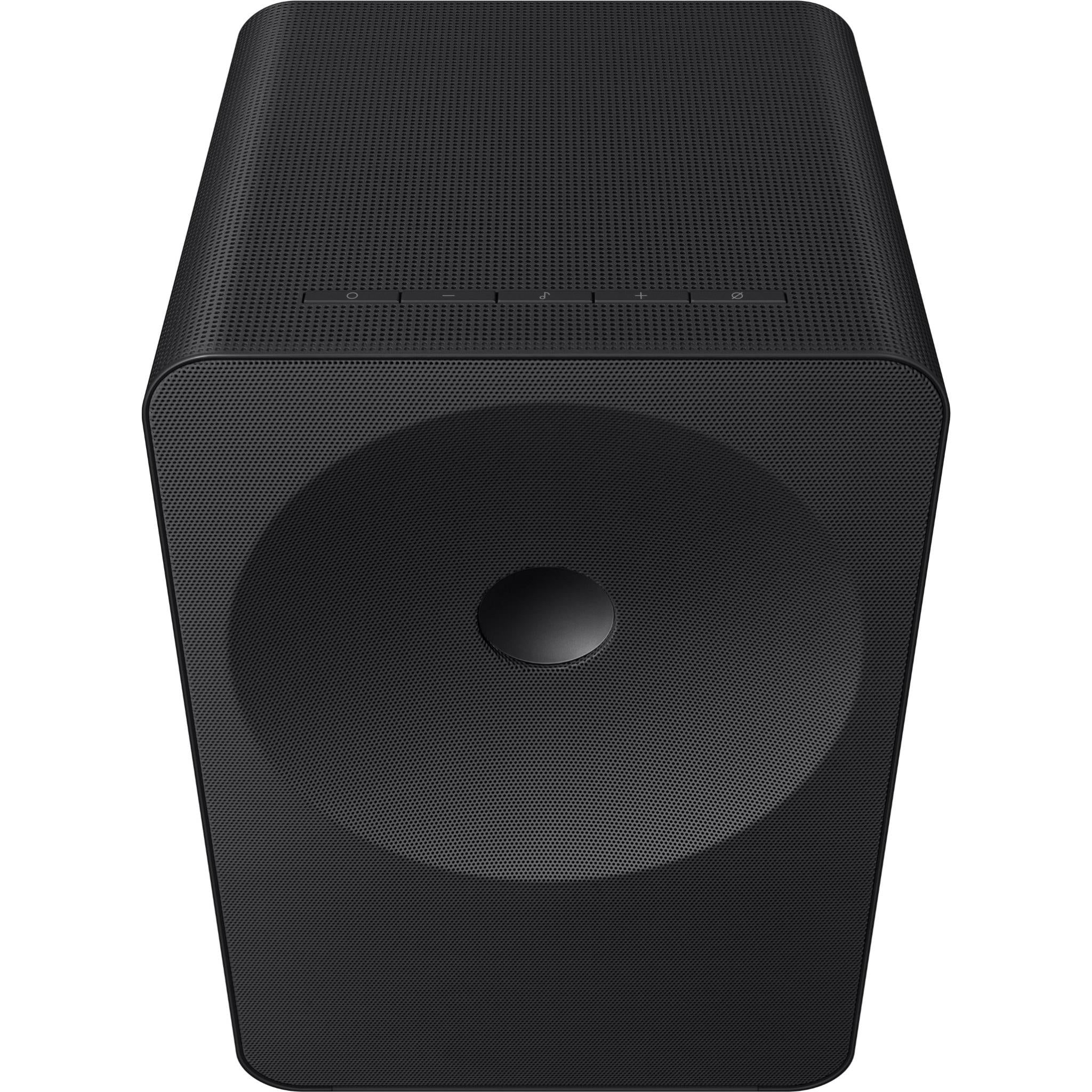 Black Wi-Fi Atmos speaker front-top view showing main woofer and controls