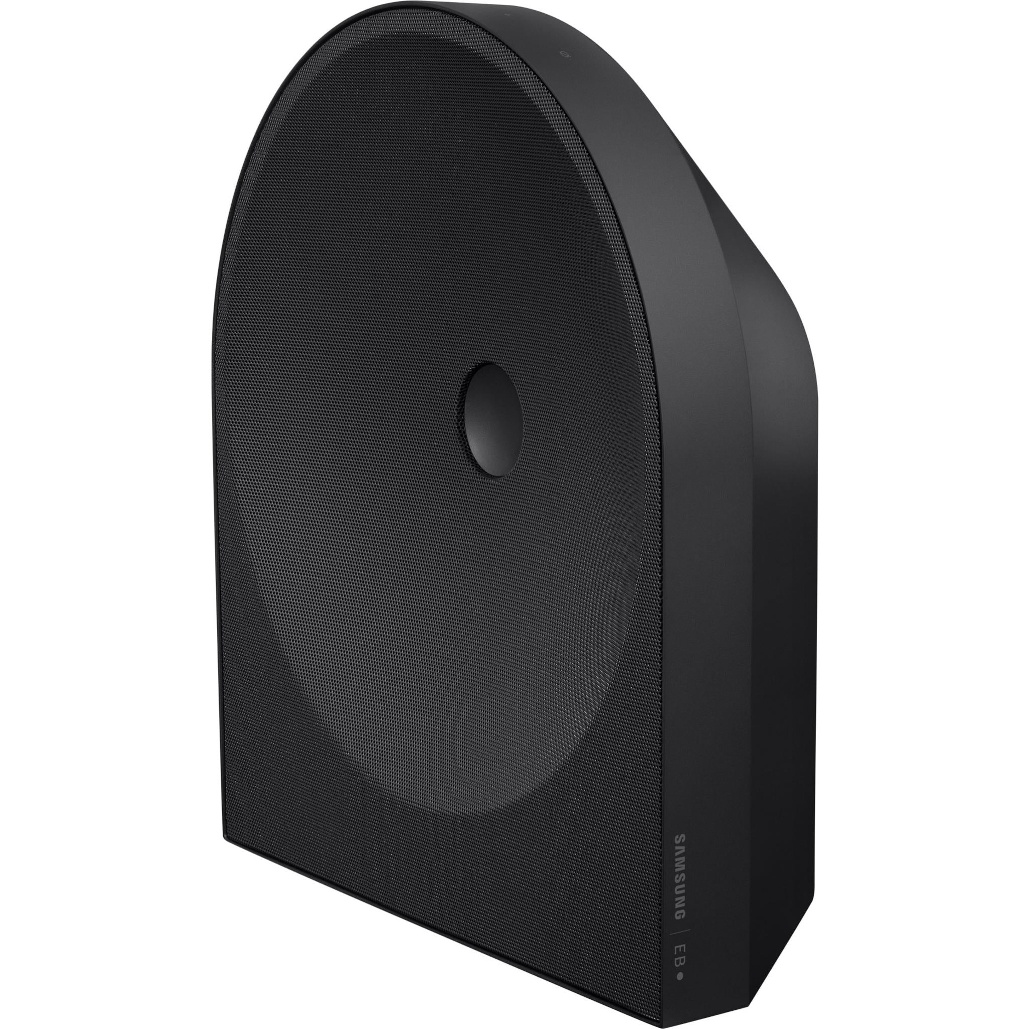 Black vertical speaker with mesh front and circular driver