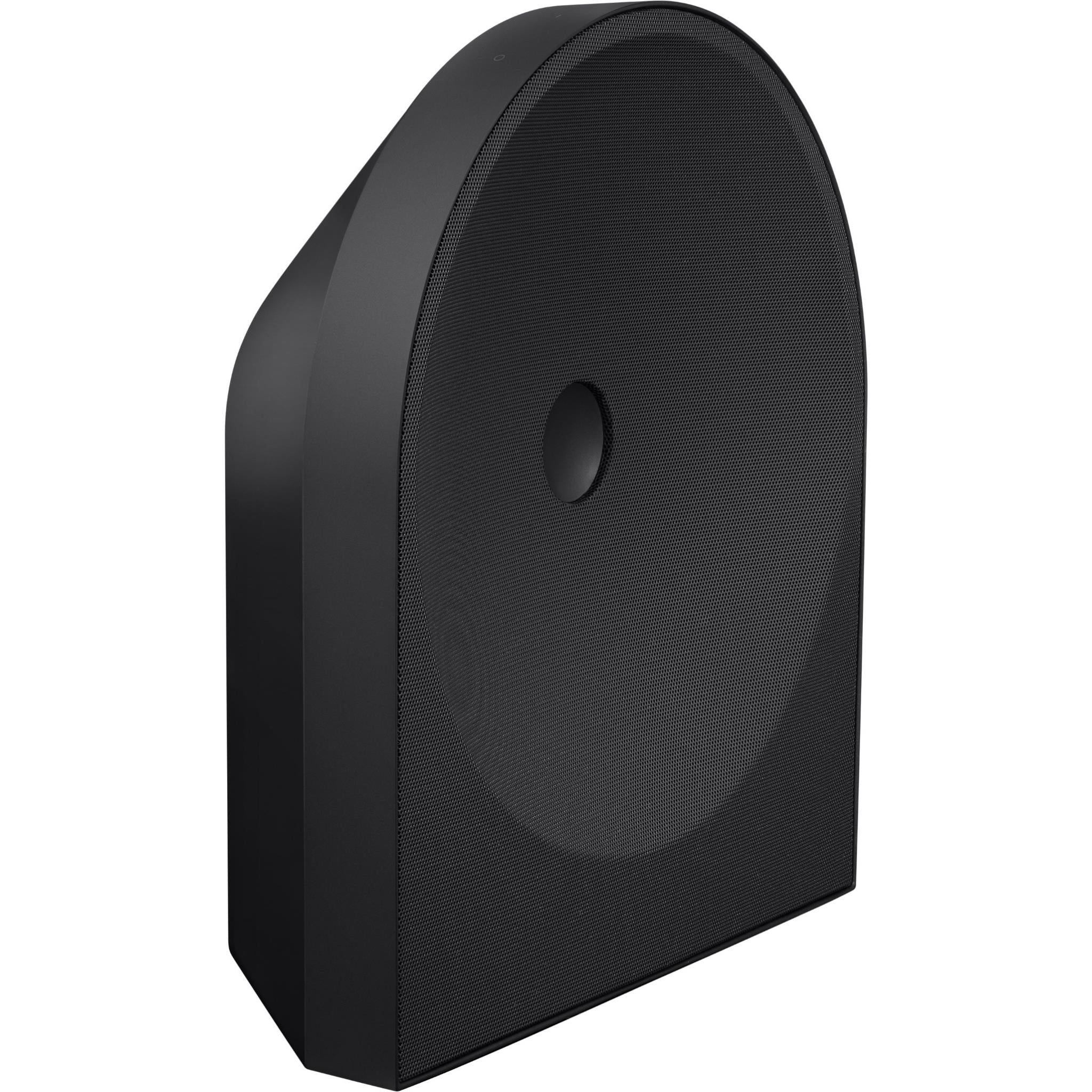 Black speaker with oval mesh grille and centered circular driver