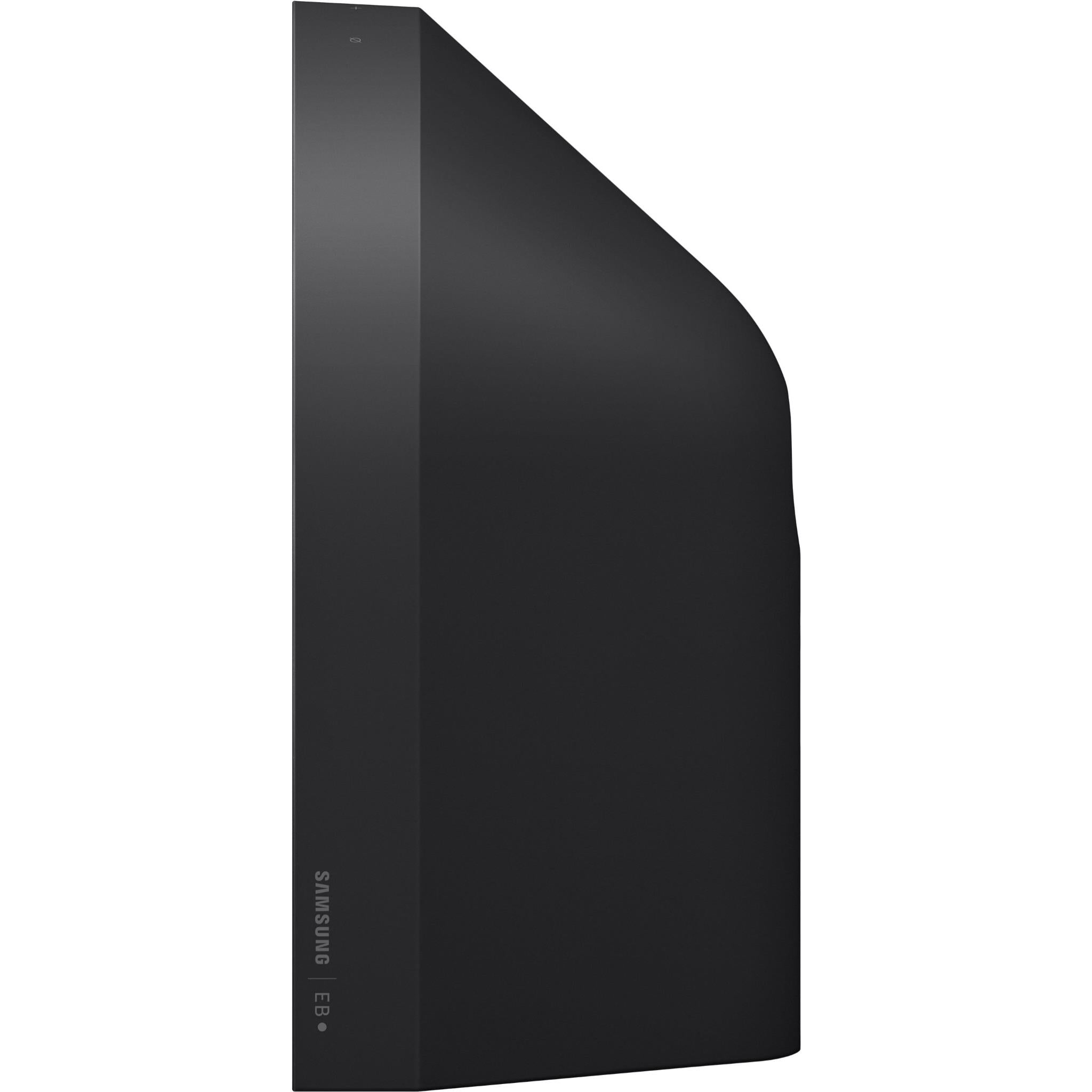 Black speaker side view with vertical branding strip