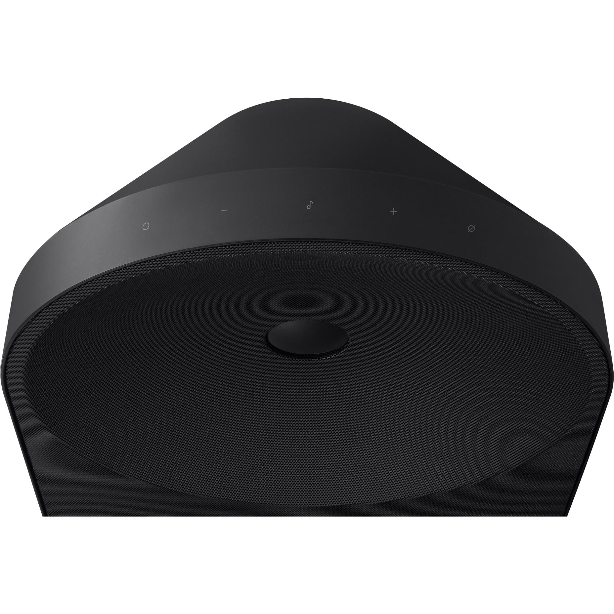 Black speaker mesh grille with centered circular driver and curved top