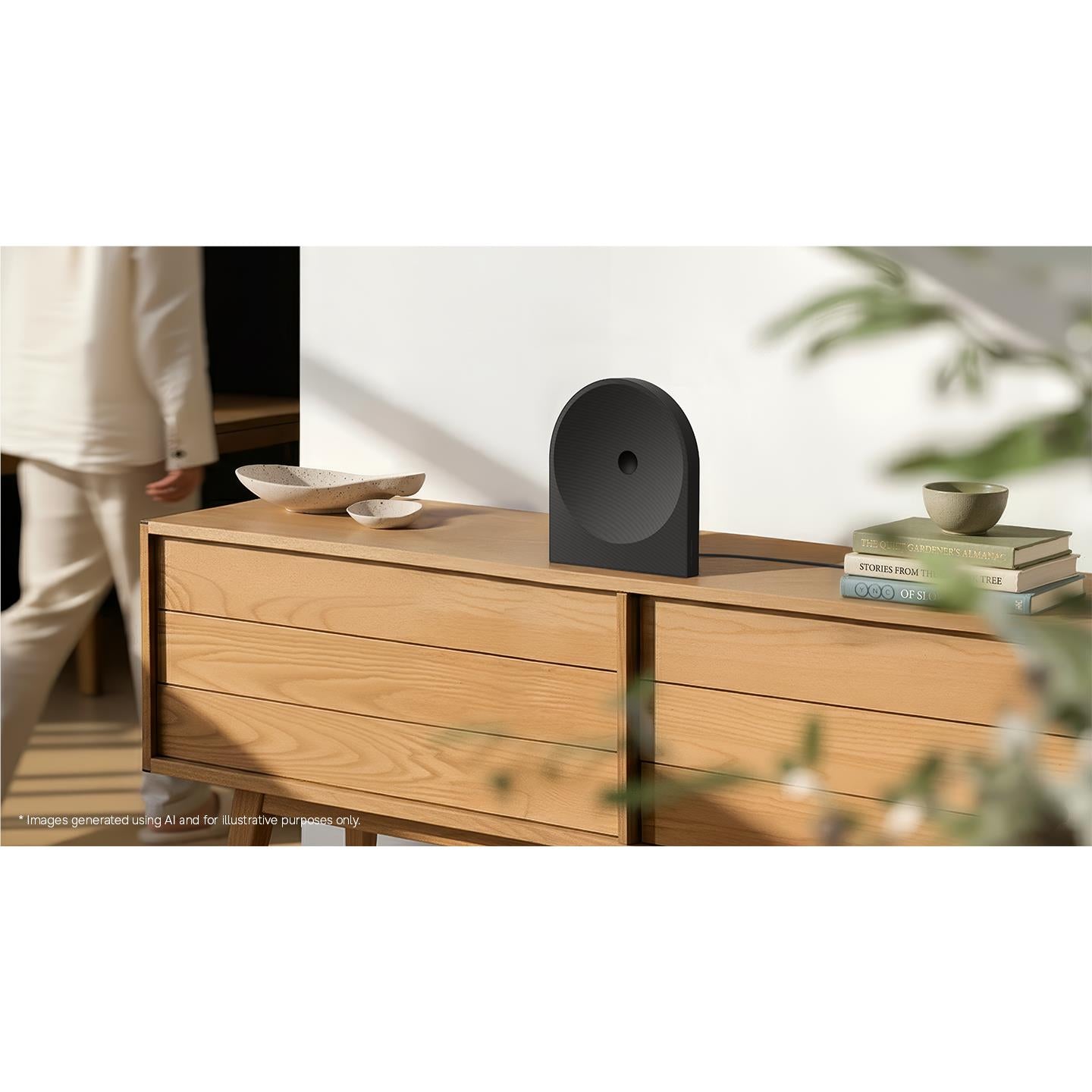 Black dome speaker on a wooden console table in a living room setting