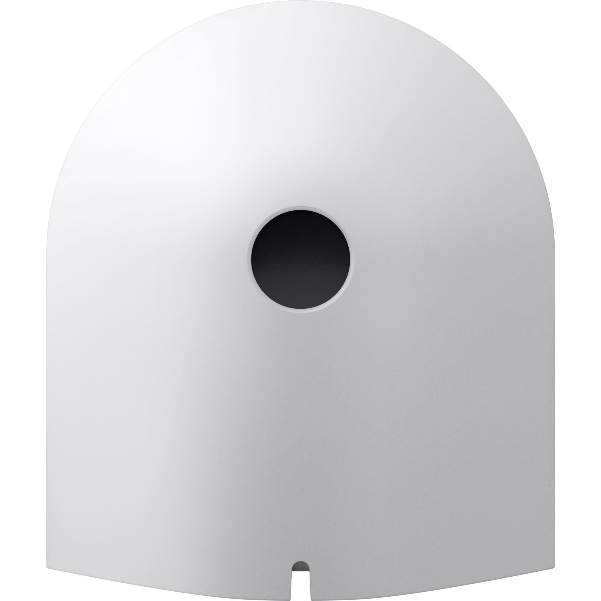 White speaker with circular port opening and smooth front mesh grille