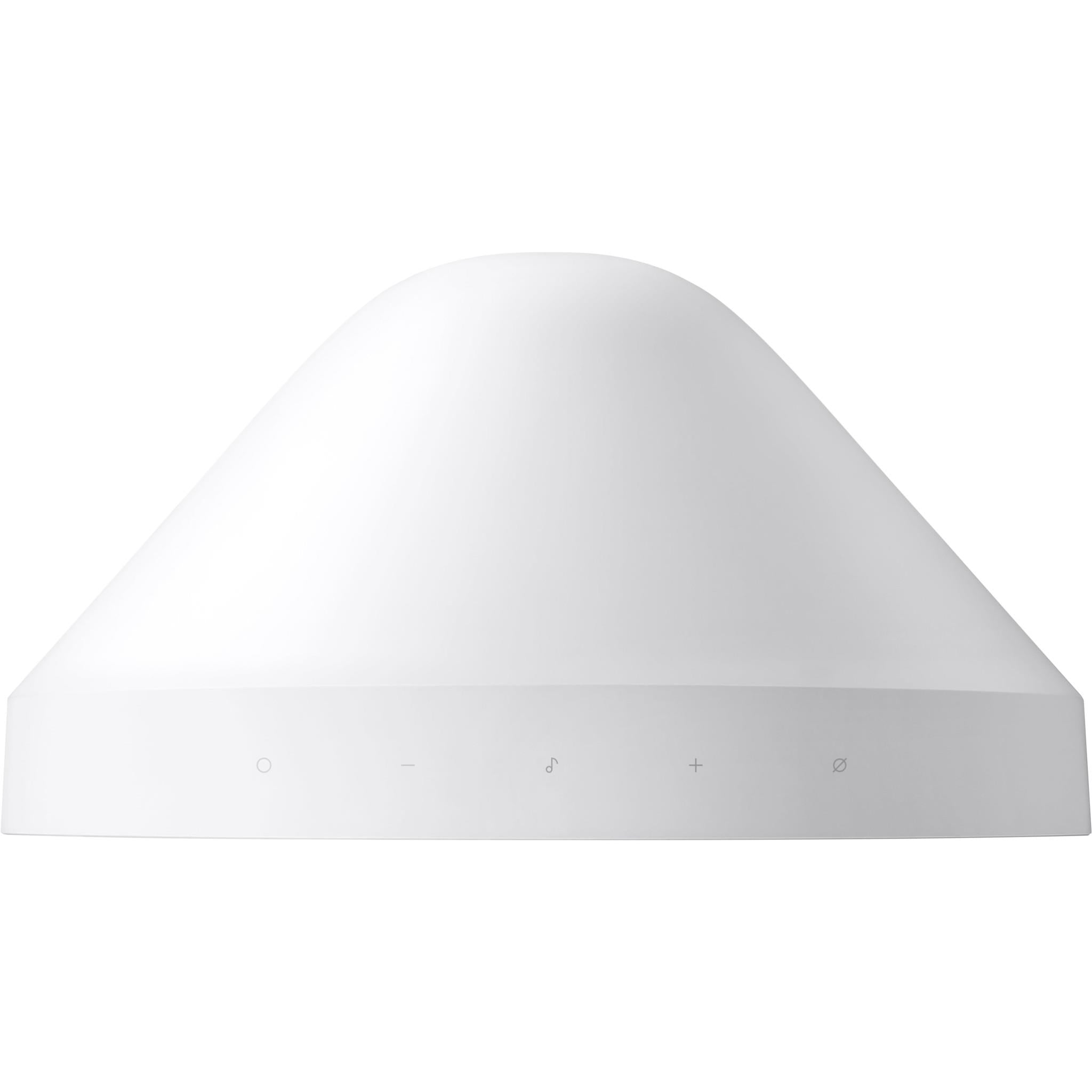 White speaker top with touch control icons and curved mesh grille