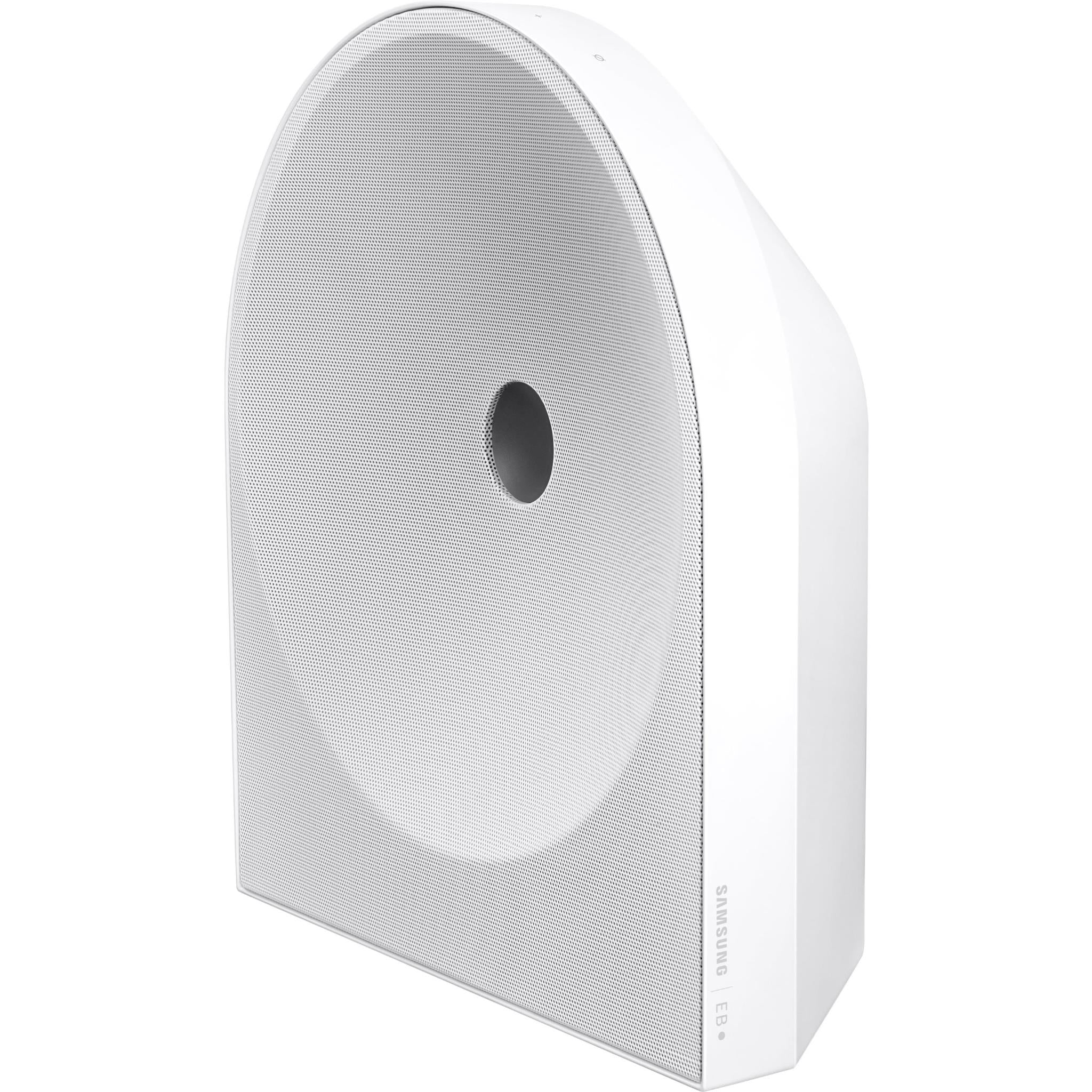 White speaker side view with mesh grille and circular port opening