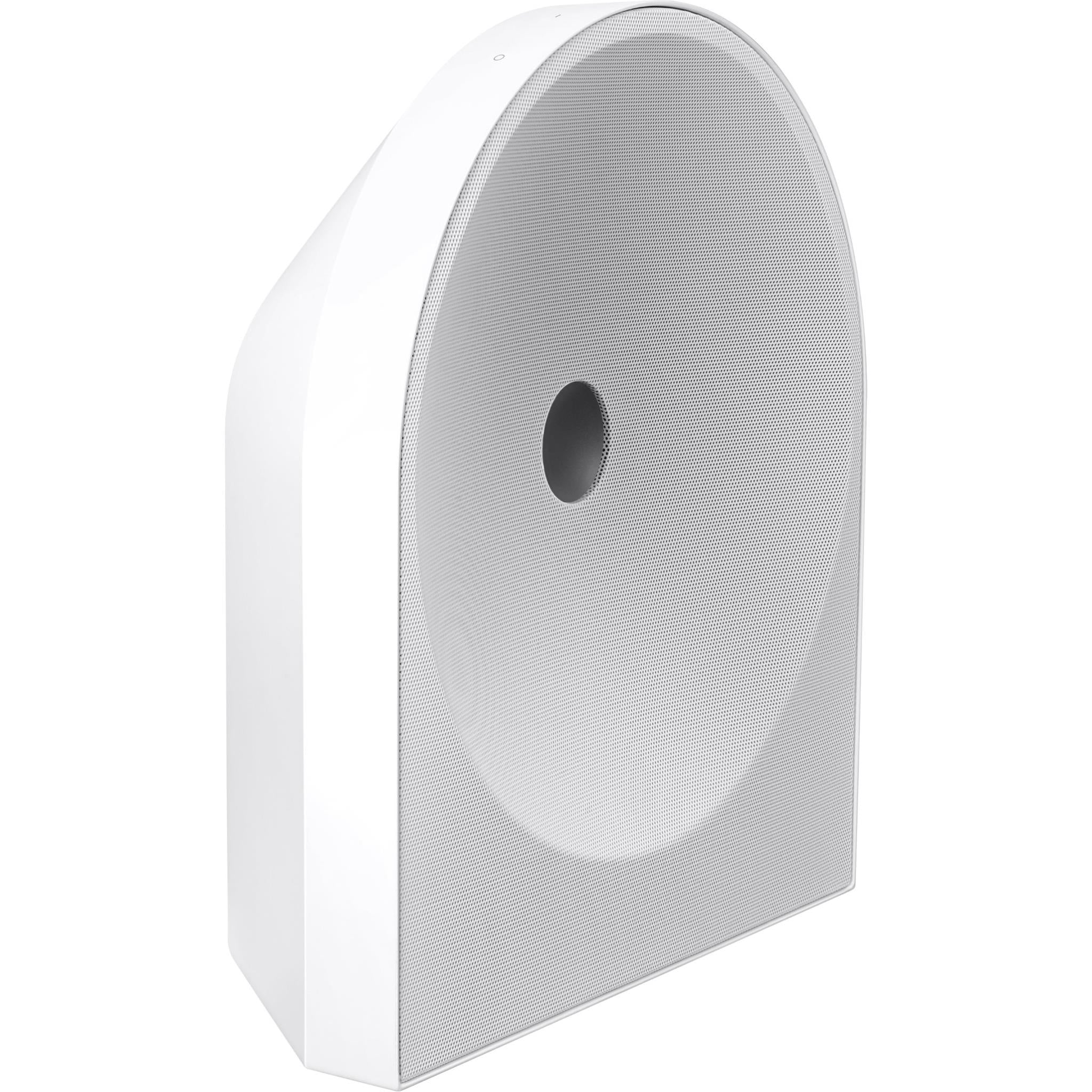 White speaker angled side view with mesh grille and circular port opening