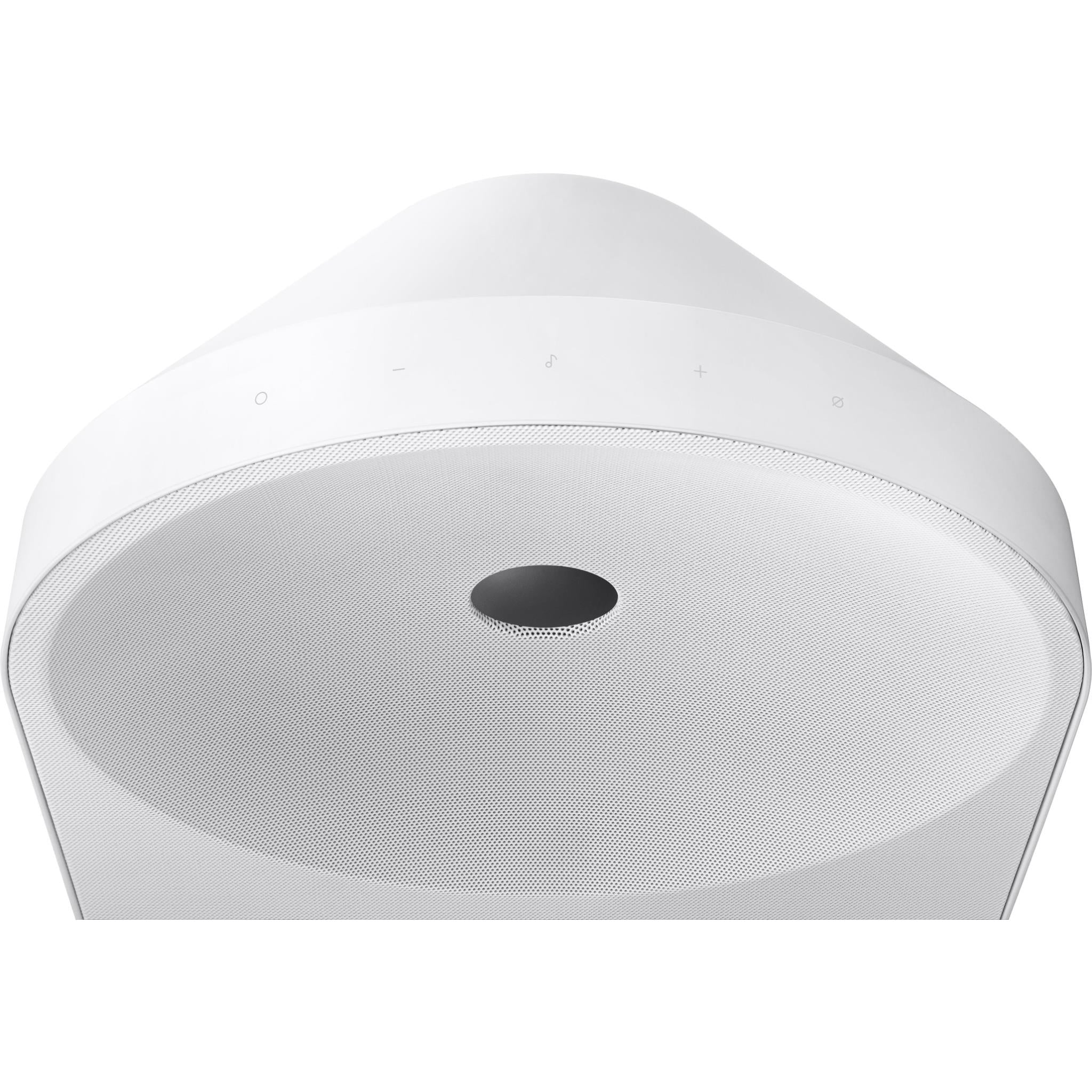 White speaker top view with mesh driver ring and center port opening