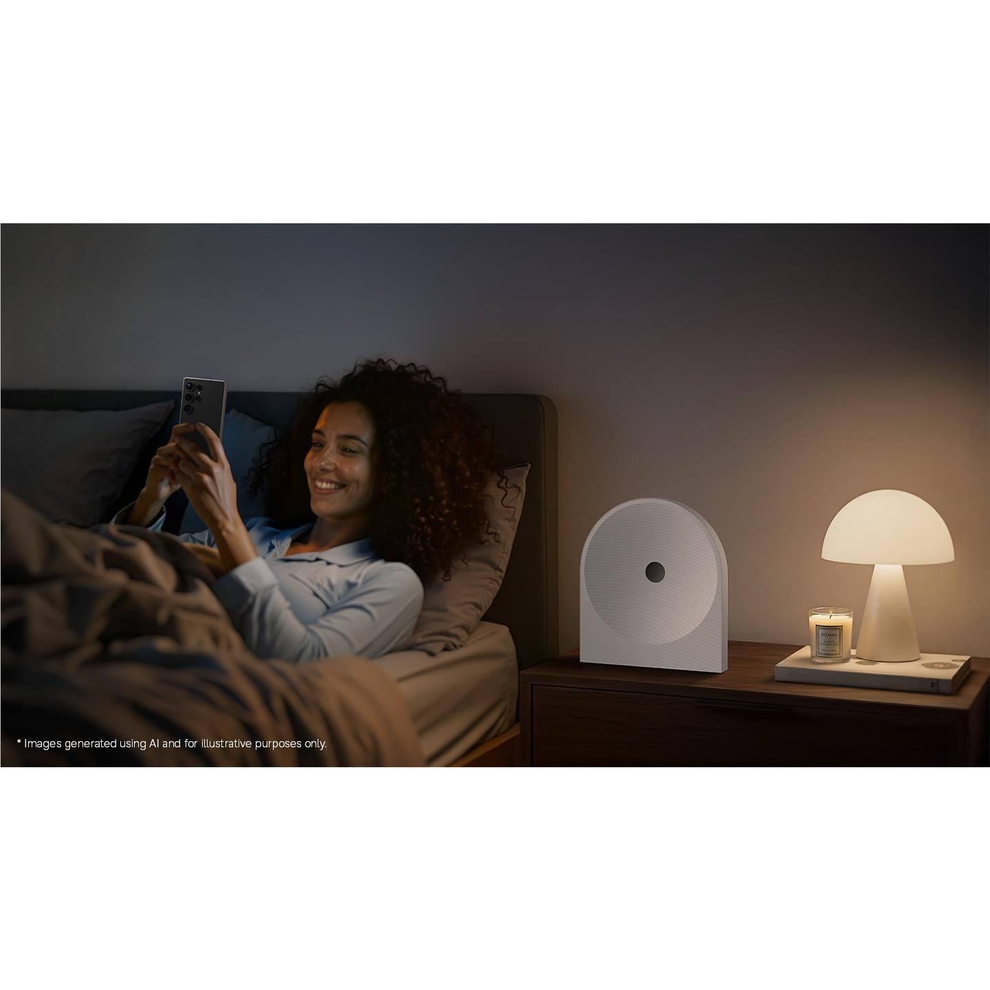White smart speaker with circular port on a nightstand near a lamp