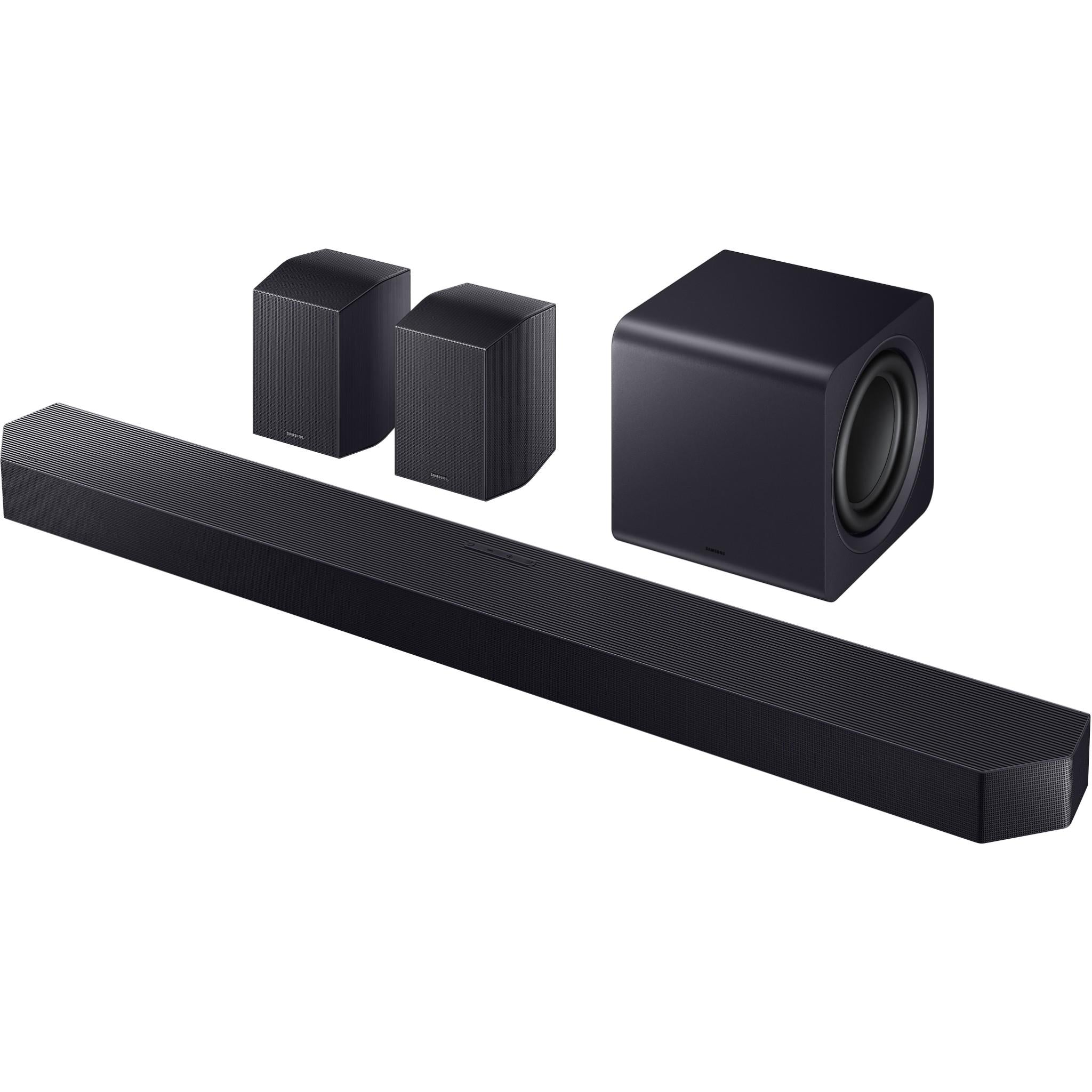 Home theater soundbar set with two satellite speakers and a subwoofer, dark gray
