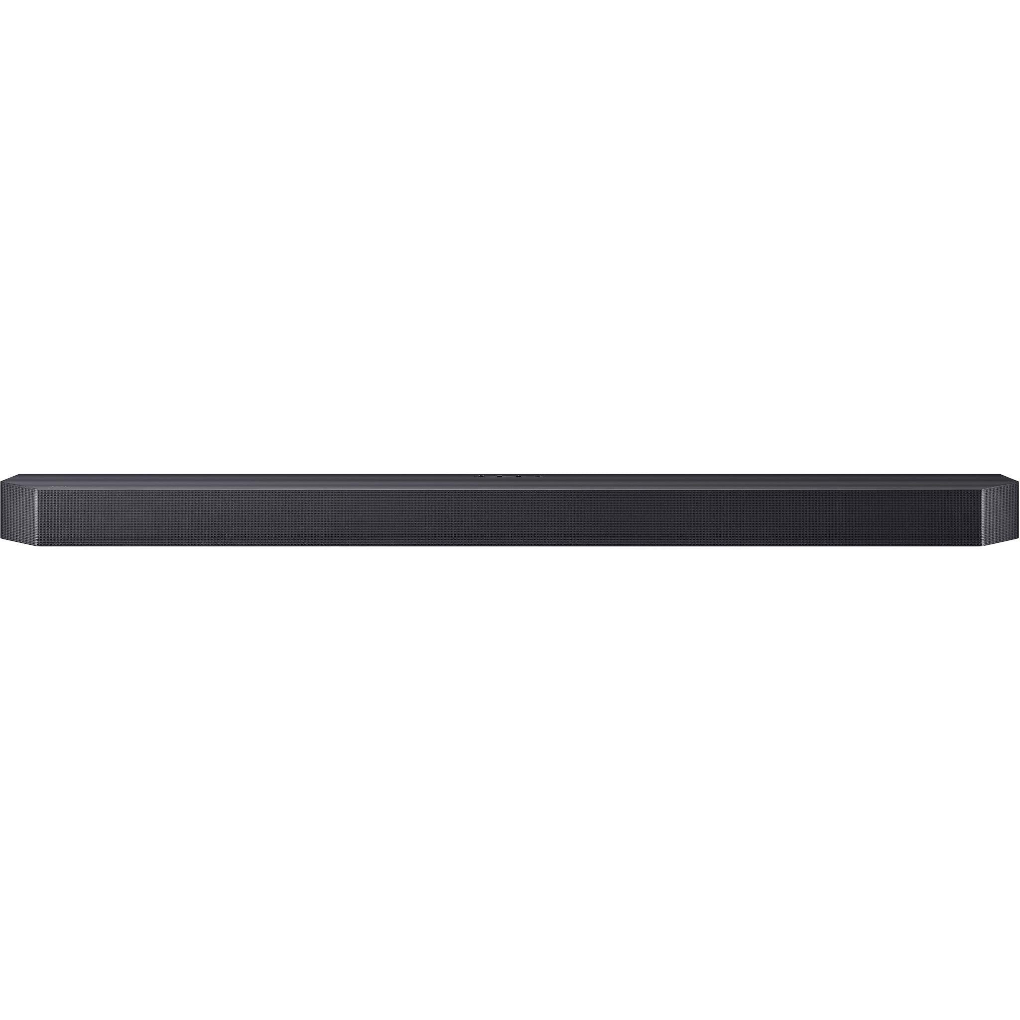Dark horizontal soundbar with slim profile and front grille
