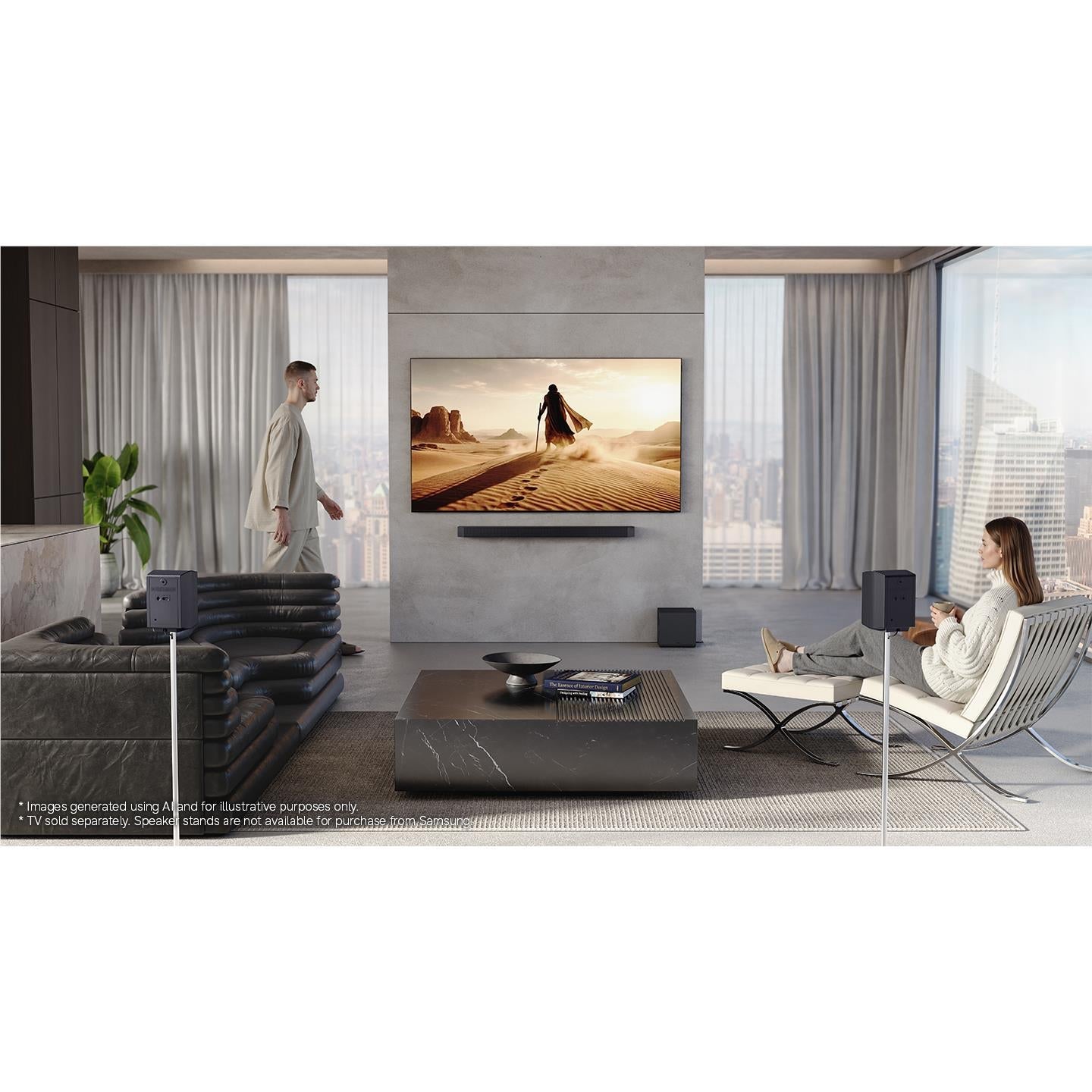 Samsung Q-series soundbar system with subwoofer and rear speakers in living room