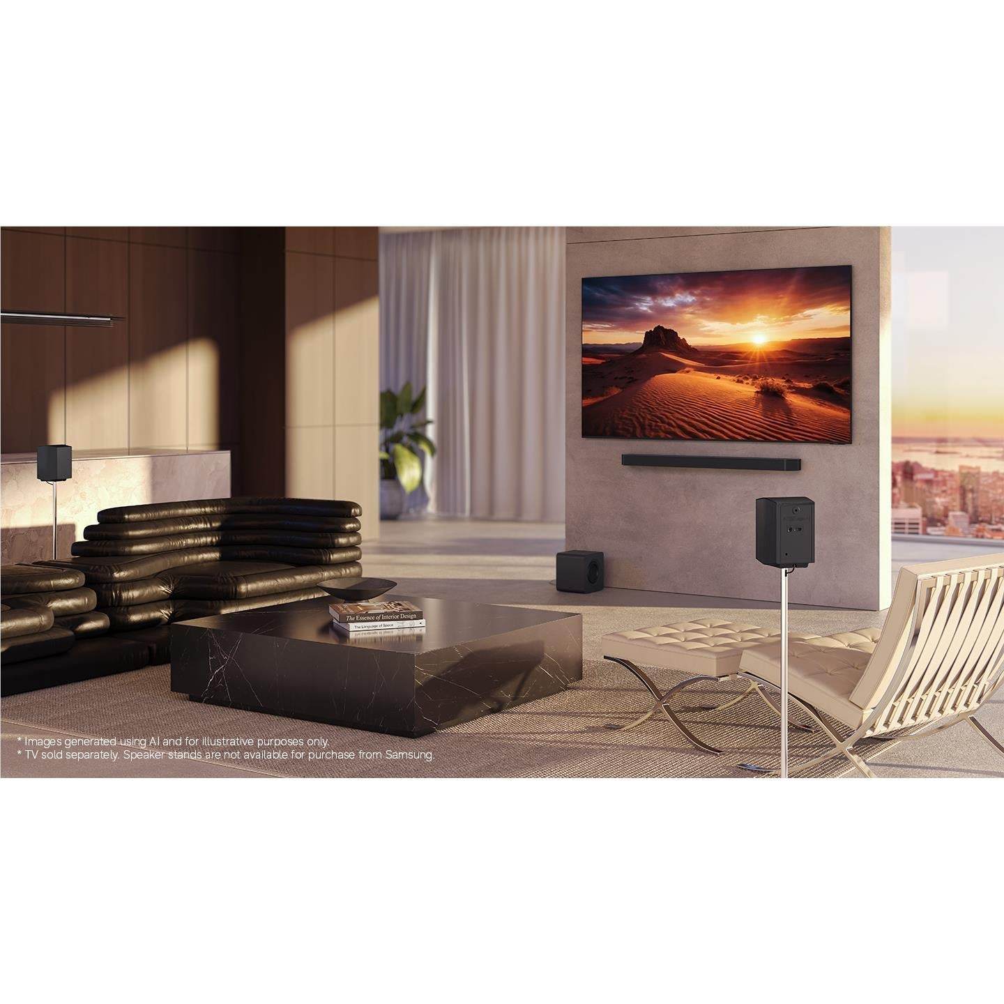 Samsung Q-series soundbar system with subwoofer and rear speakers, wall-mounted bar