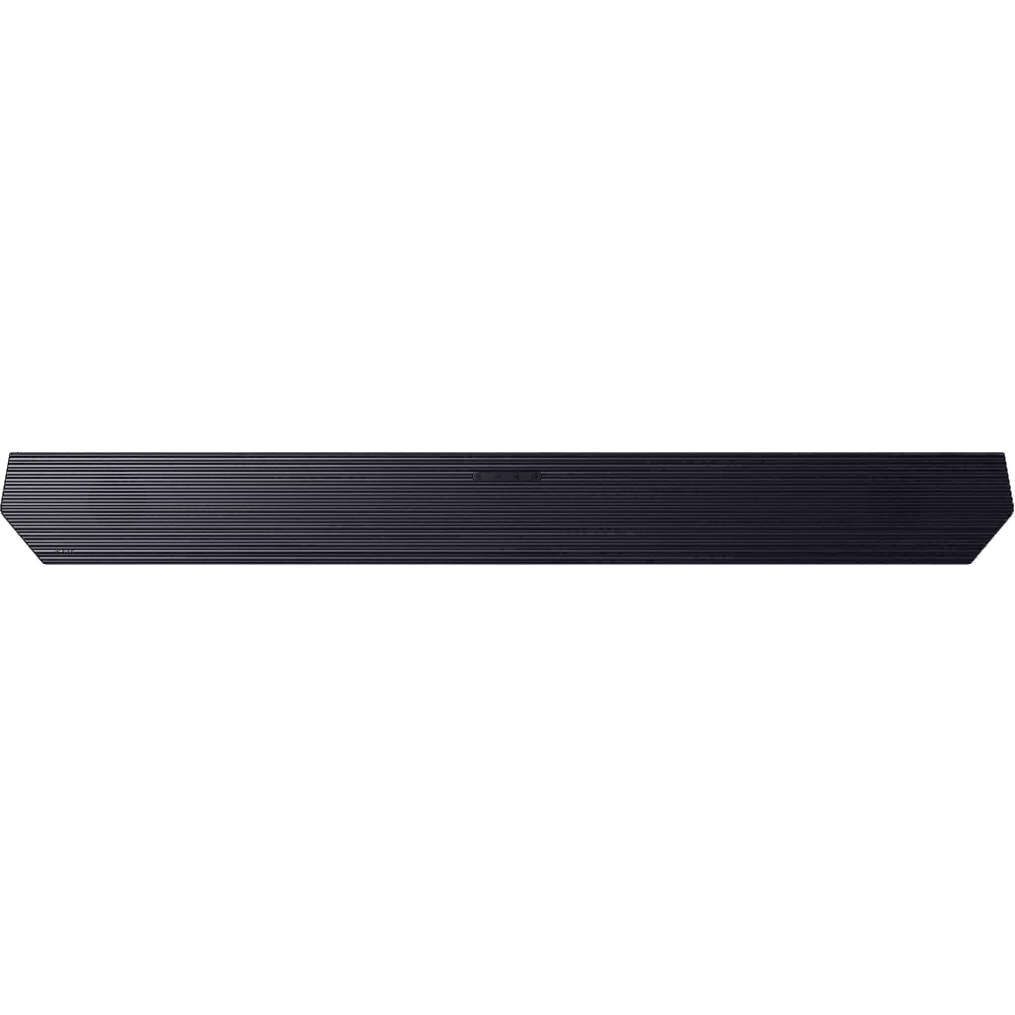 Dark gray soundbar with horizontal grille texture and slim profile