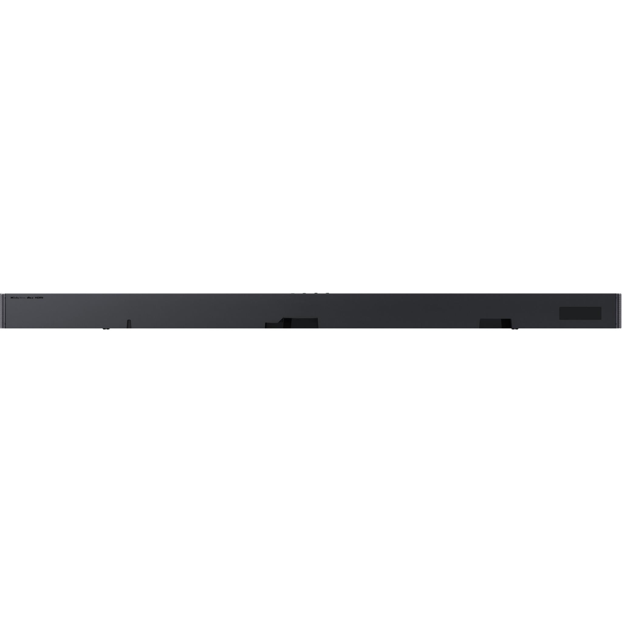 Soundbar underside close view with recessed features and port area, dark gray