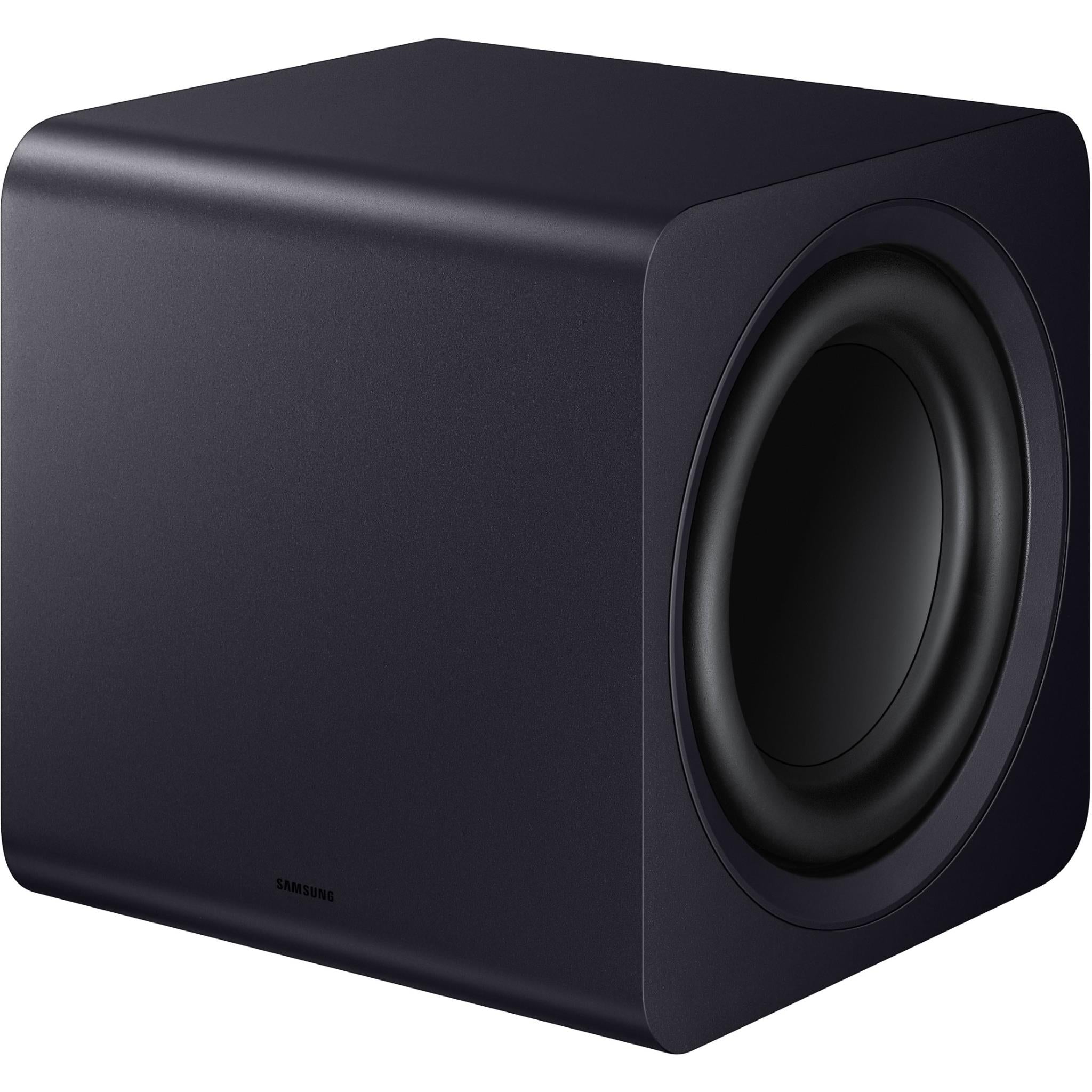 Subwoofer with round driver and curved dark casing, dark gray