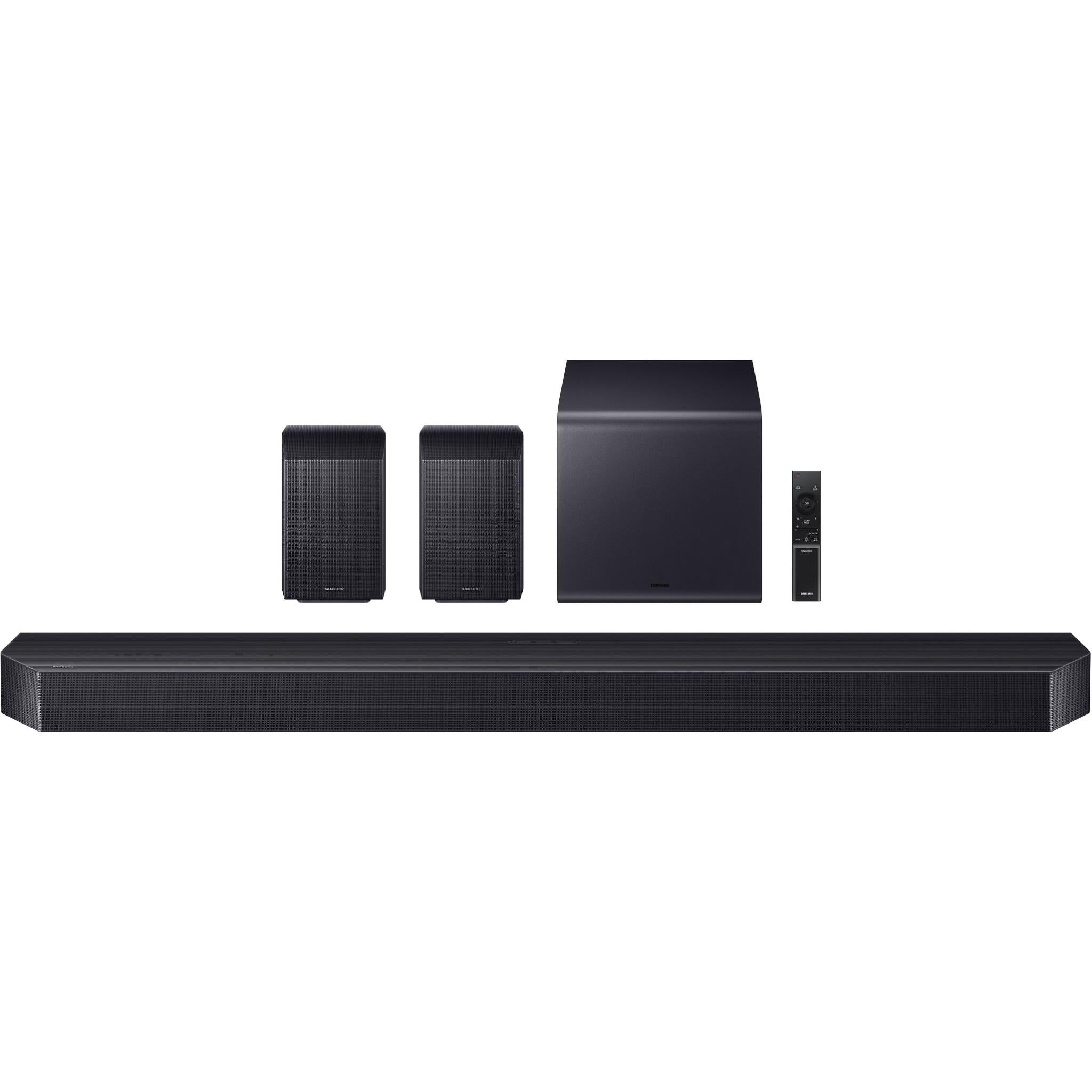Complete home theater speaker setup: soundbar, two satellites, and subwoofer unit
