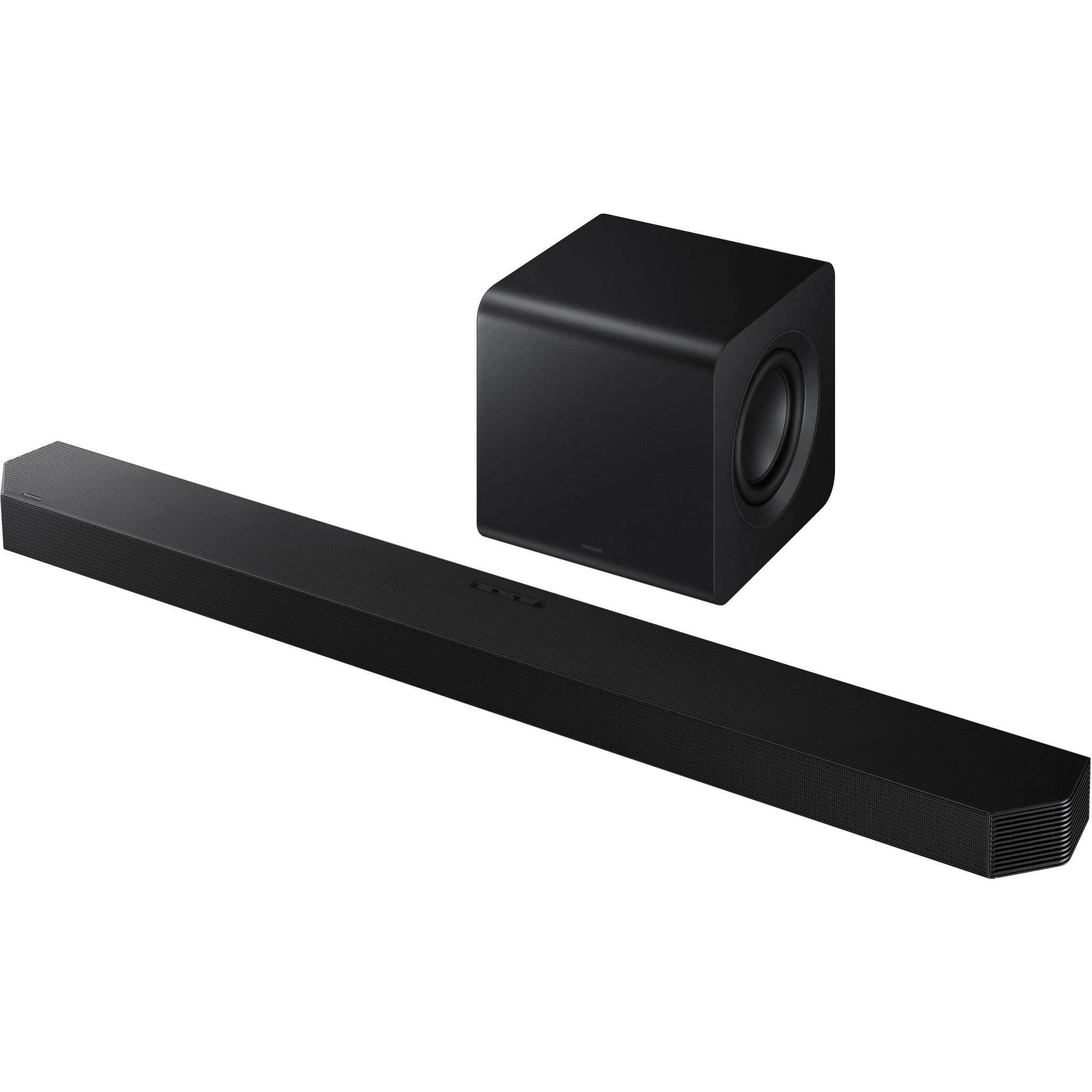 Black soundbar with cube subwoofer, angled view of speaker units
