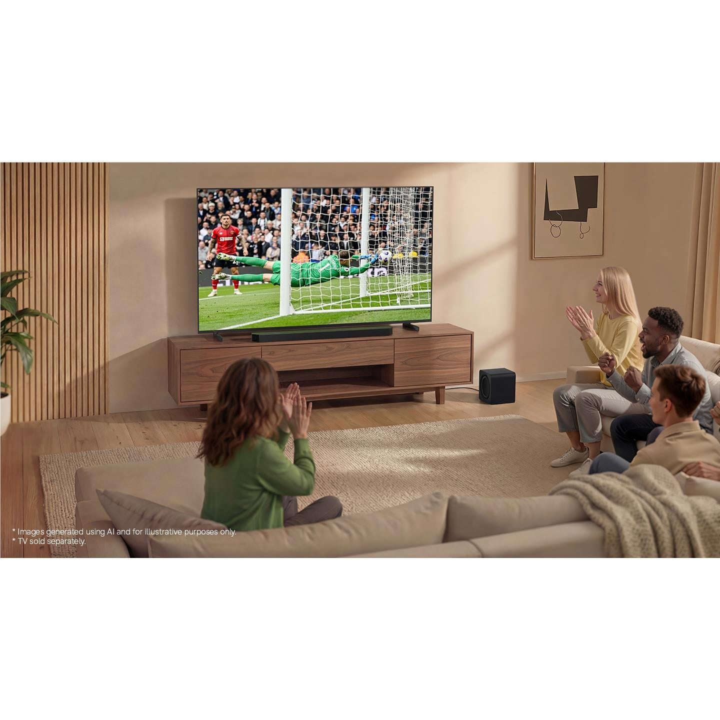 Black soundbar speaker and small subwoofer on TV media console
