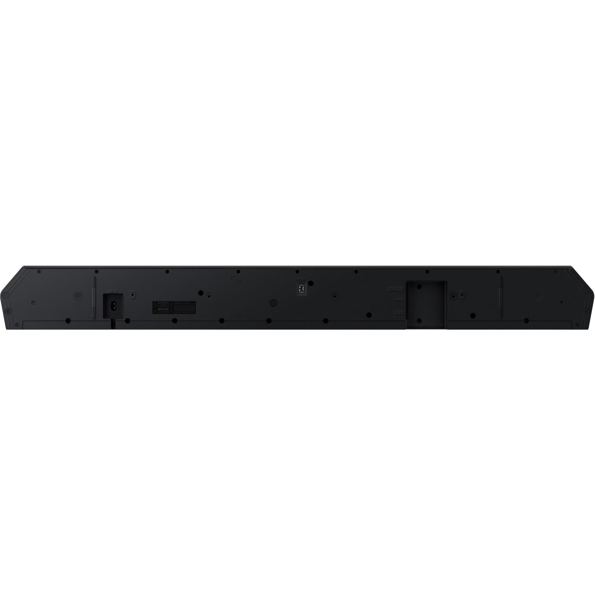 Black soundbar rear panel with port openings and mounting holes