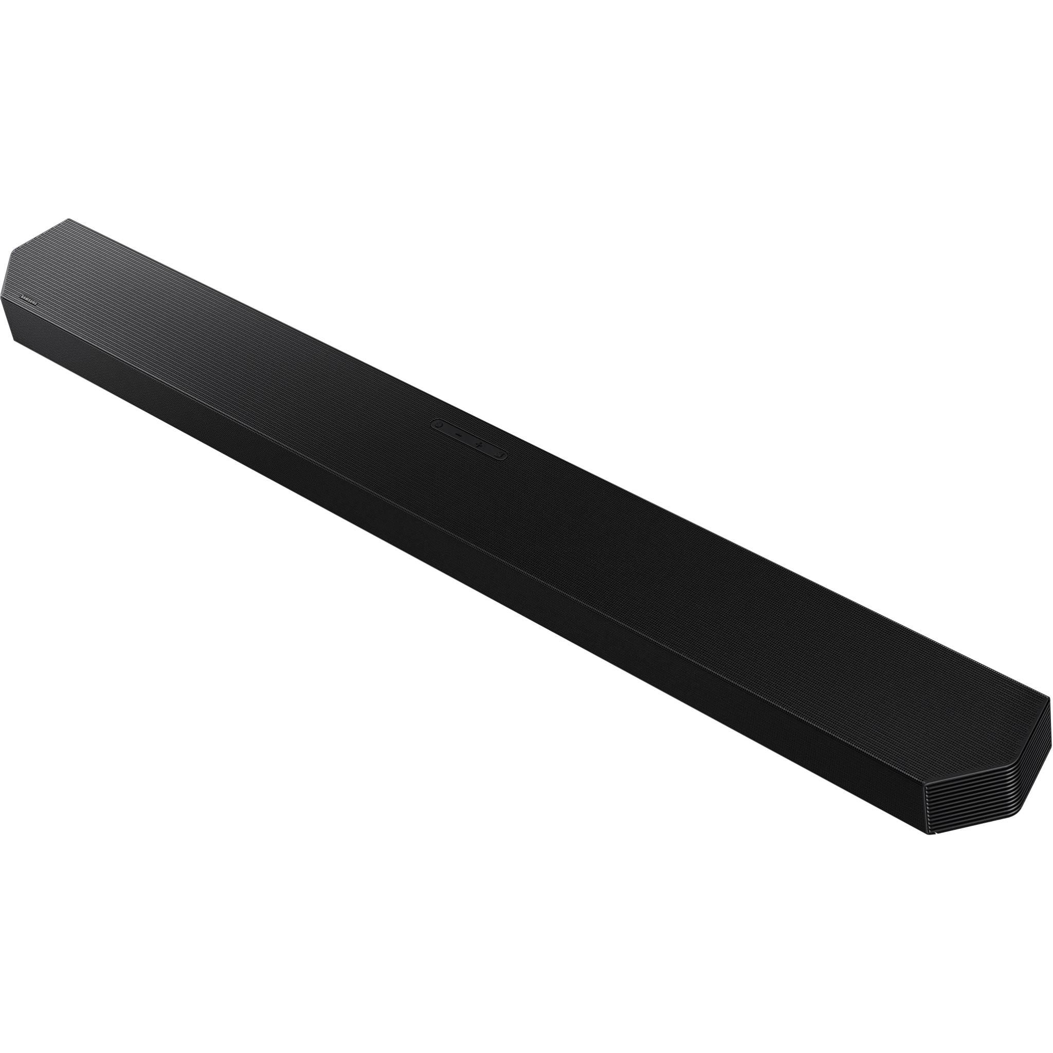 Black soundbar speaker bar with textured grille, angled view
