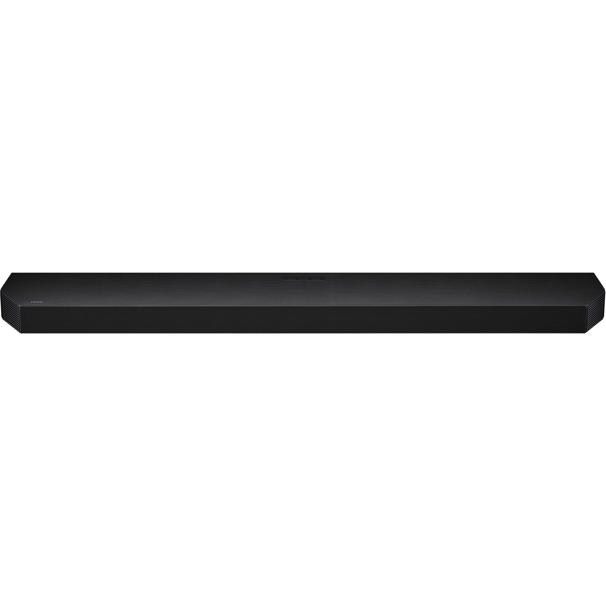 Black soundbar speaker bar with rounded edges, front view
