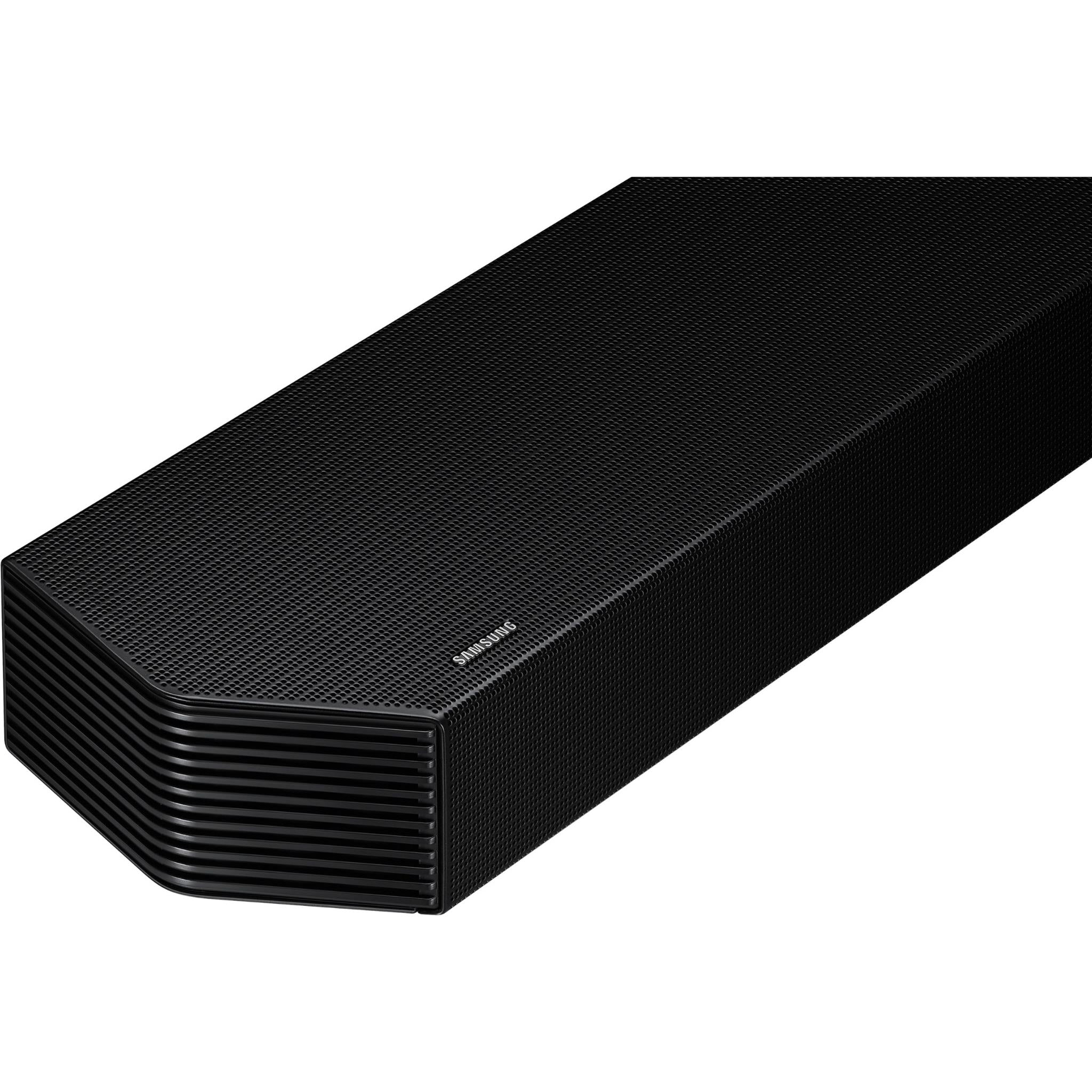 Black soundbar end section with textured grille and Samsung logo