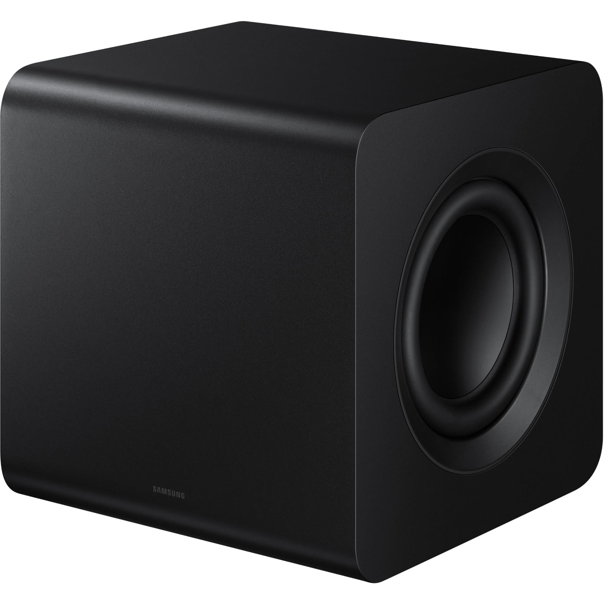 Black subwoofer cube with oval woofer opening