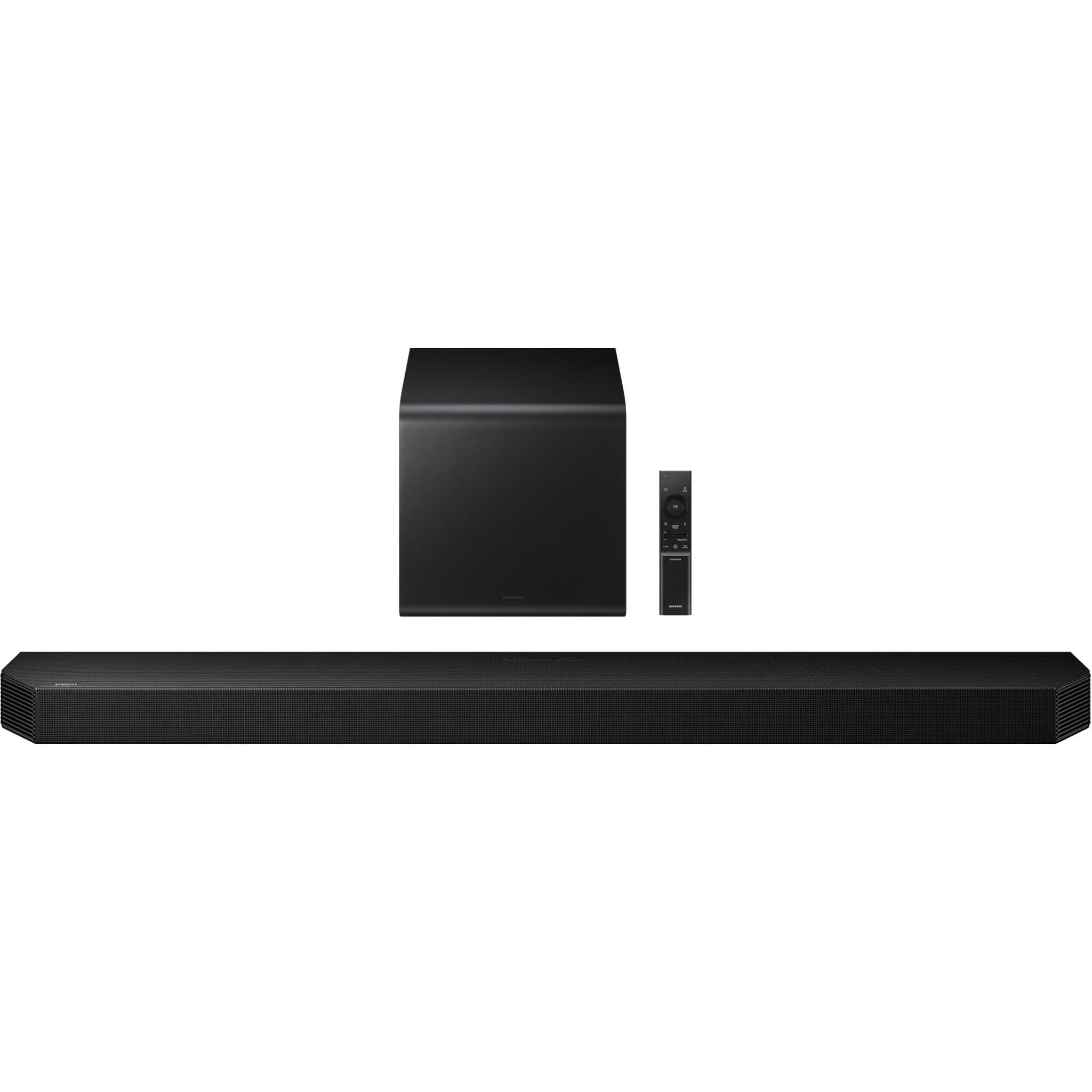 Soundbar with cube subwoofer and small accessory, side view