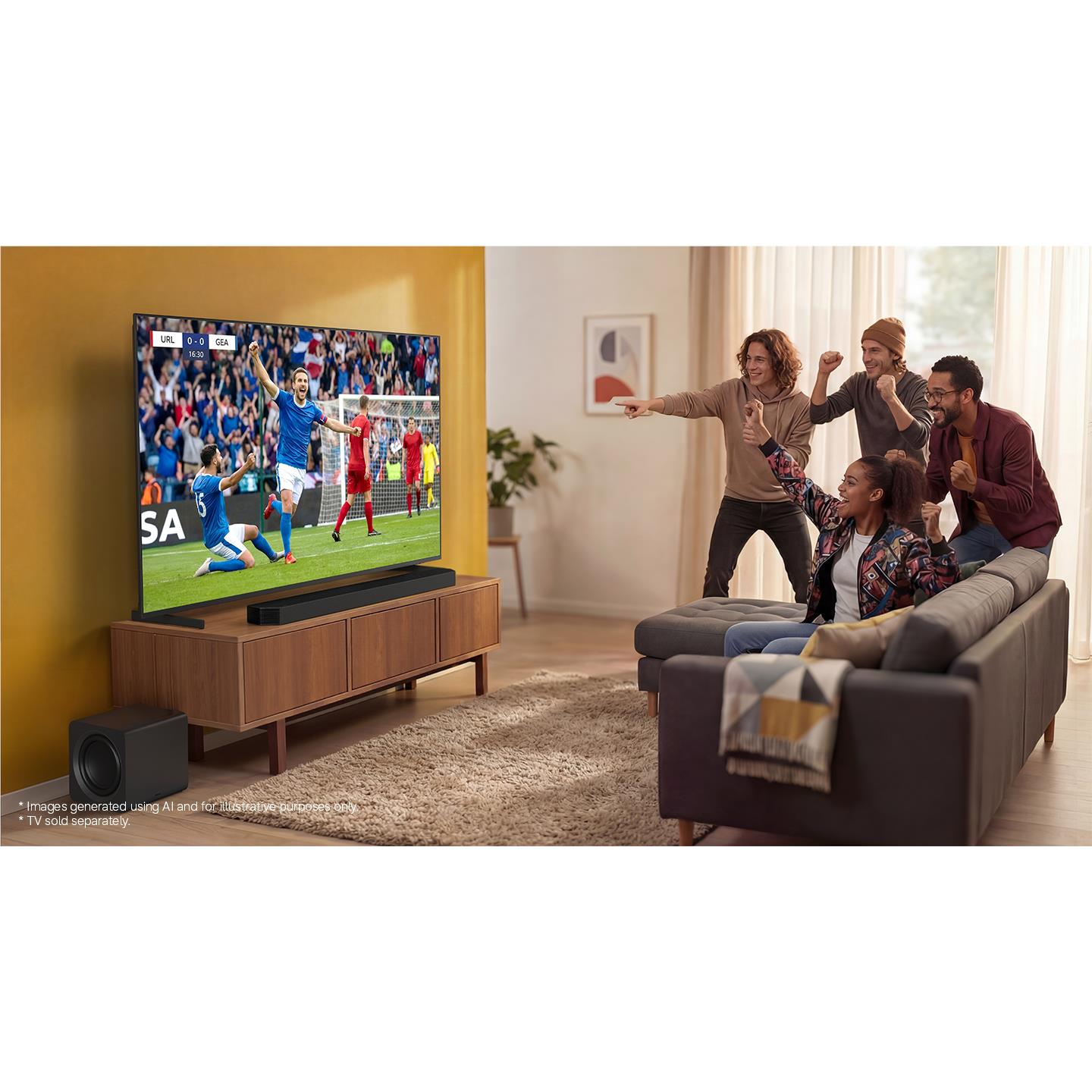 Soundbar and subwoofer beneath TV in living room scene