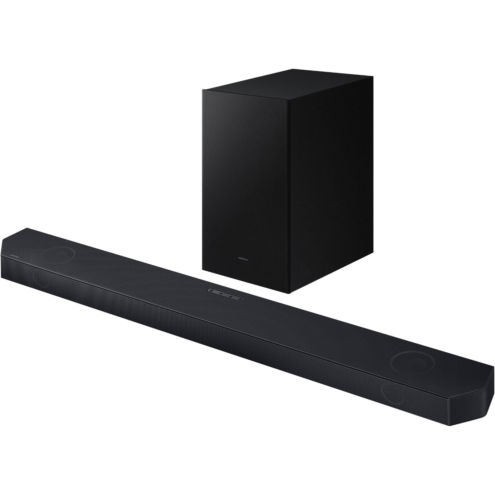 Black soundbar with matching black subwoofer, front speaker grilles and box enclosure