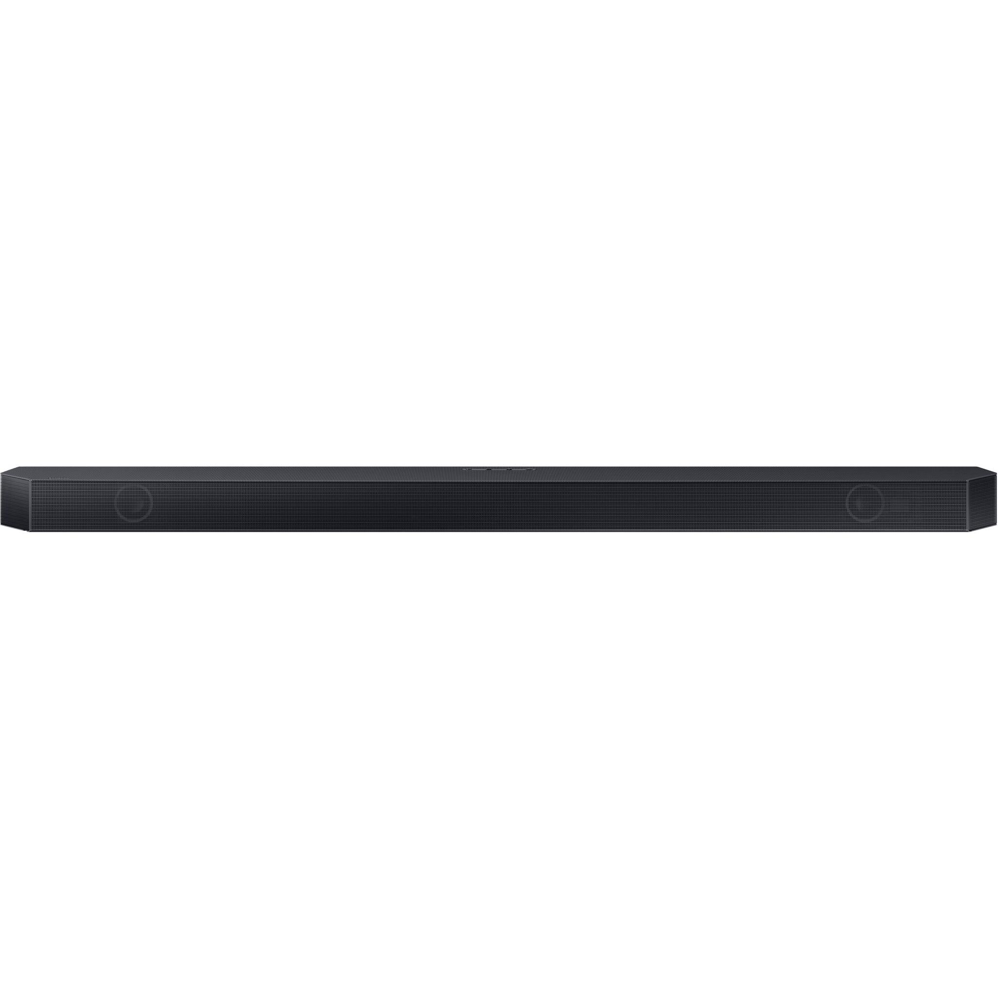 Black soundbar speaker bar with circular front accents and low-profile grille