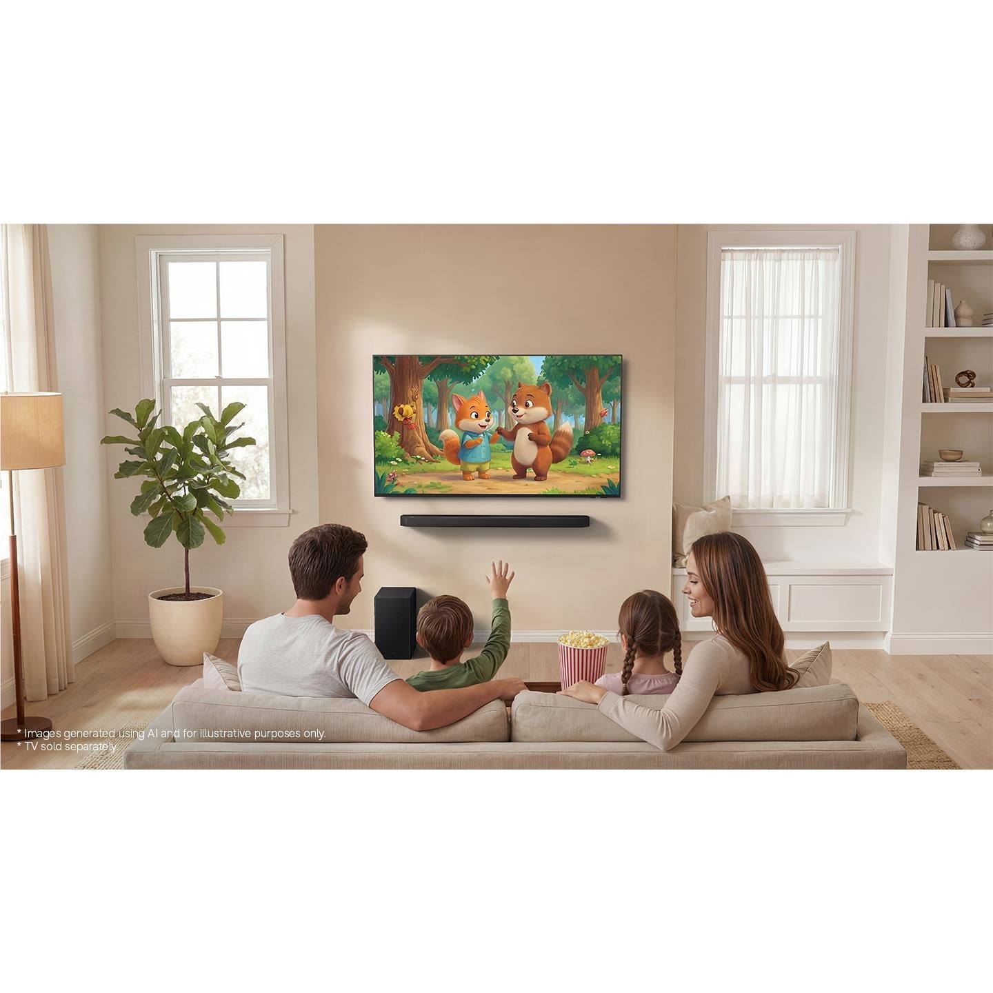 Soundbar with subwoofer, black bar and box speaker near the TV