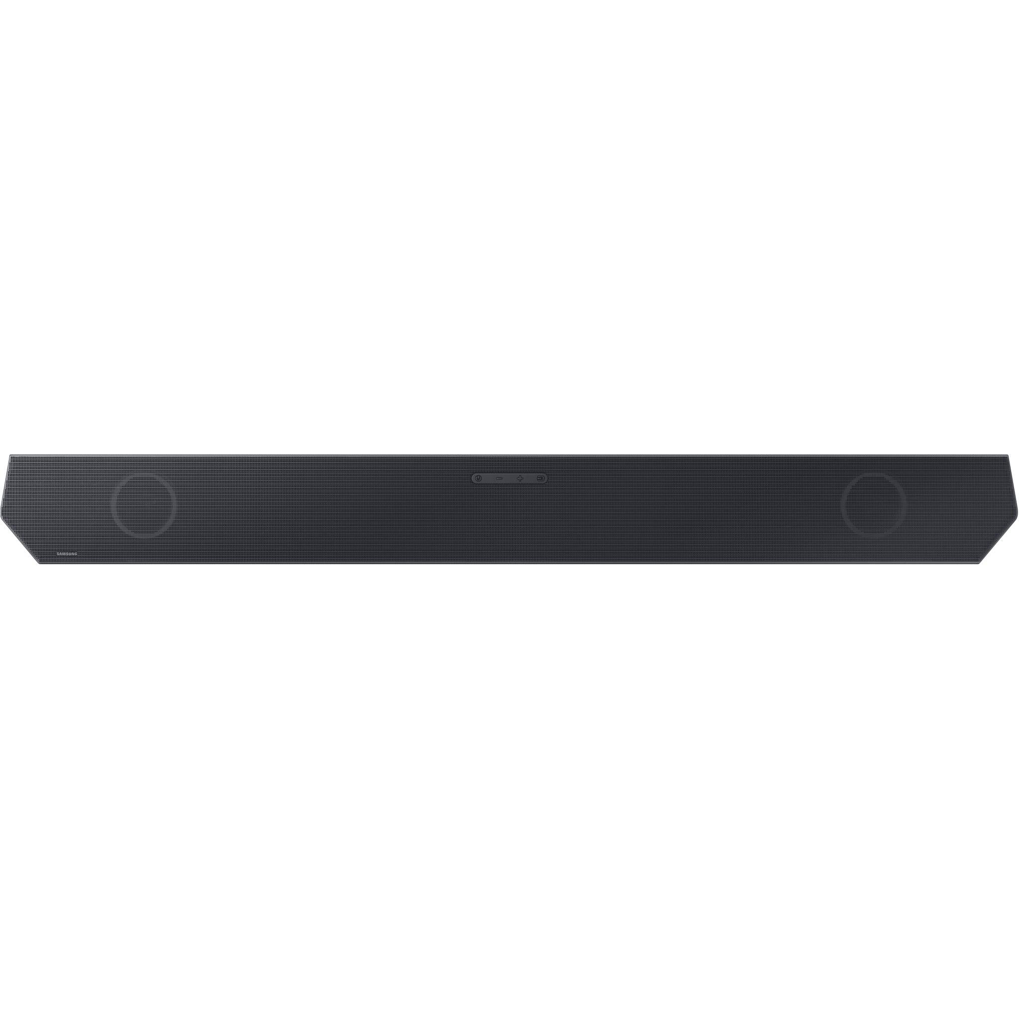 Black soundbar speaker bar angled view, front grille with speaker circles