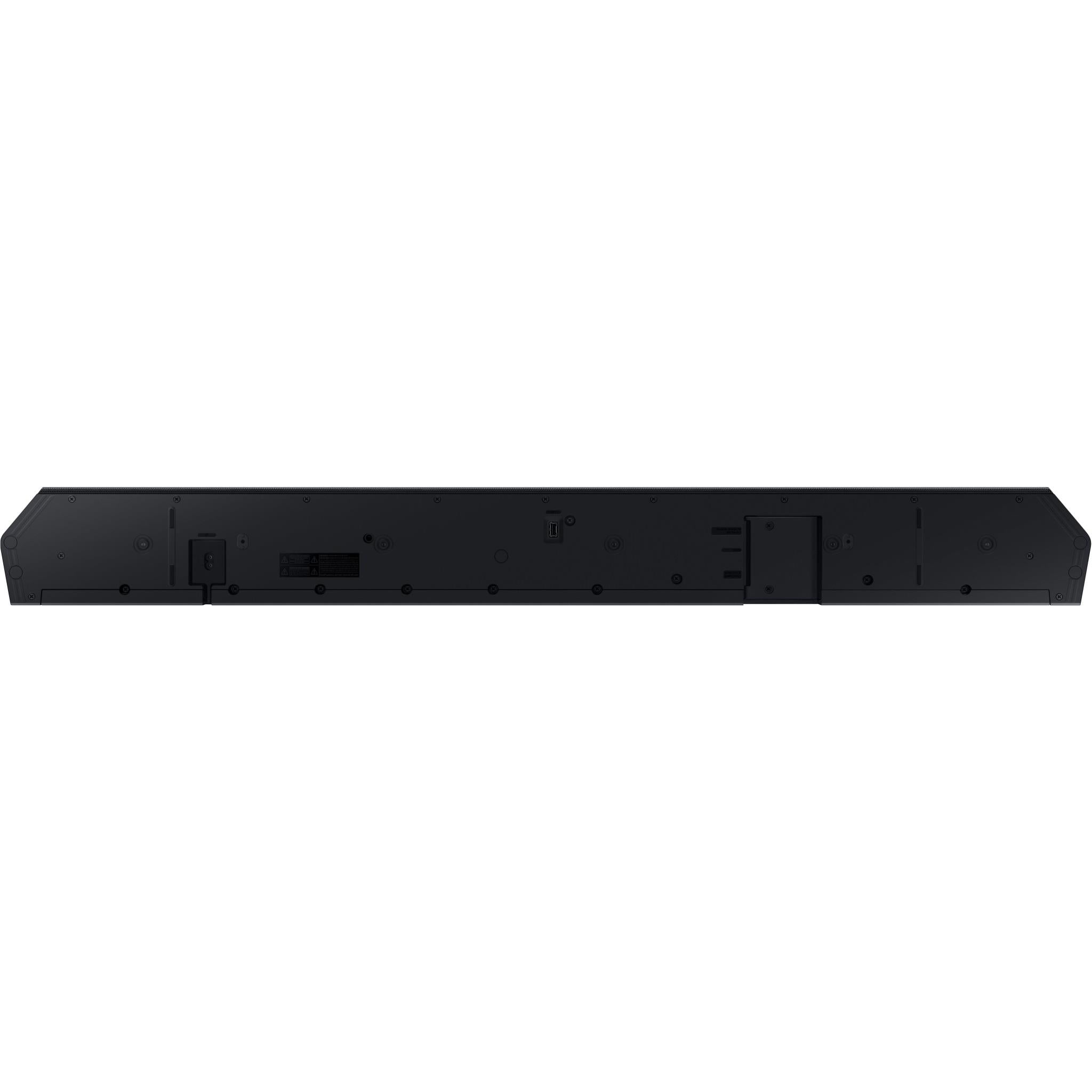 Black soundbar rear panel with ports and mounting slots
