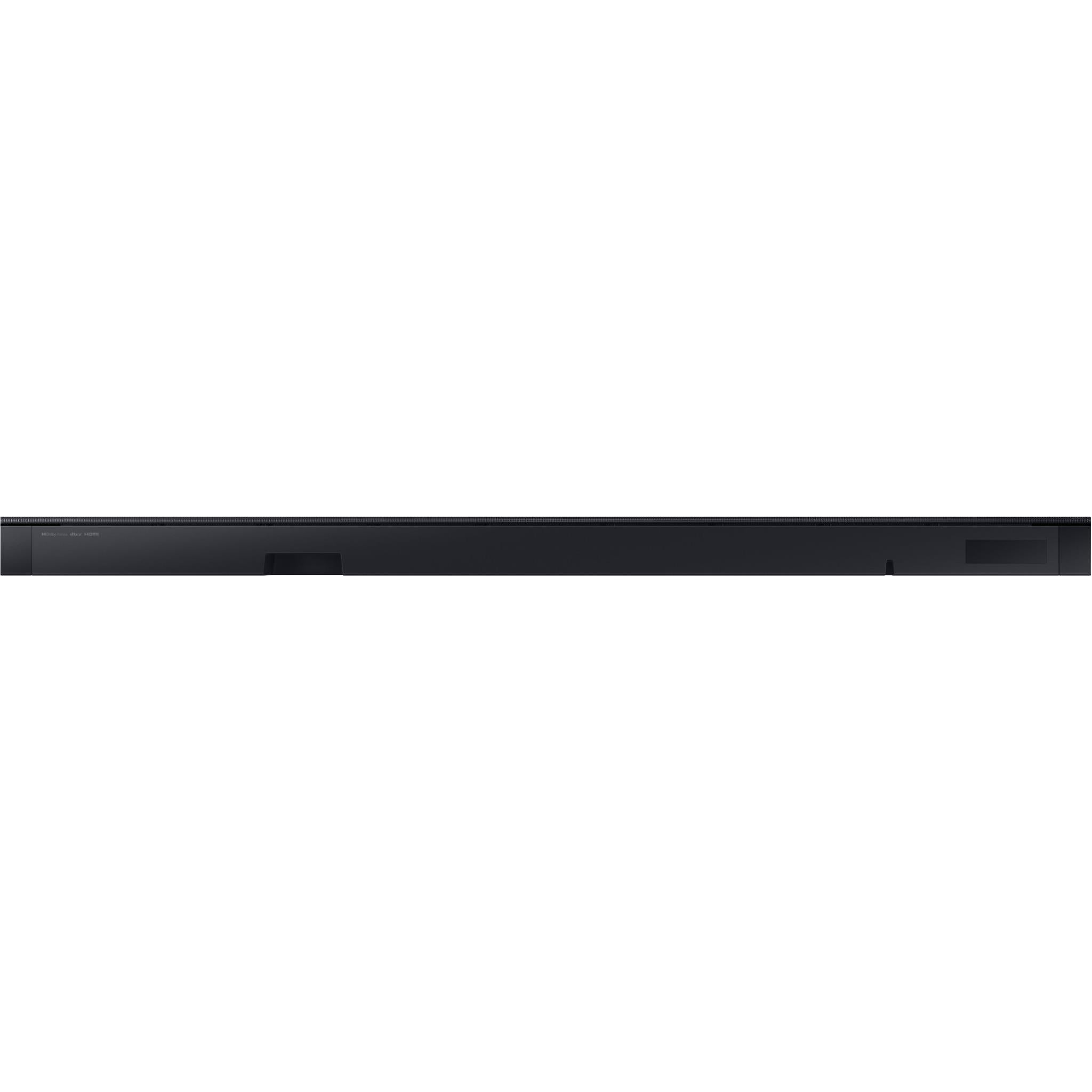Black soundbar rear side view with controls and connection area