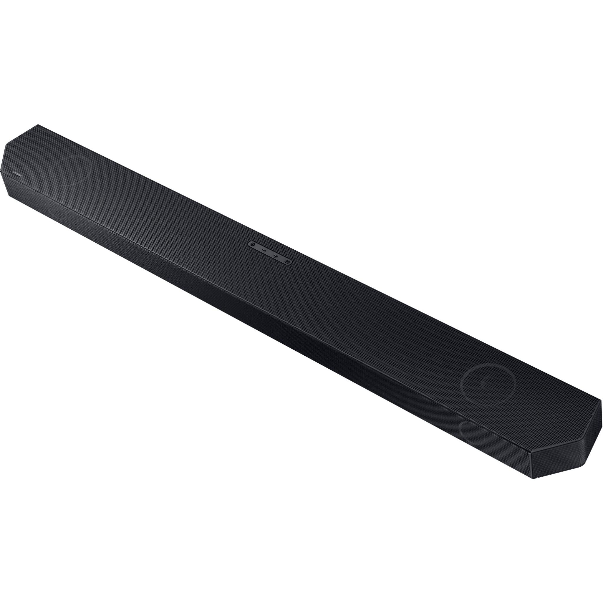 Black soundbar speaker bar side view, textured grille and input button