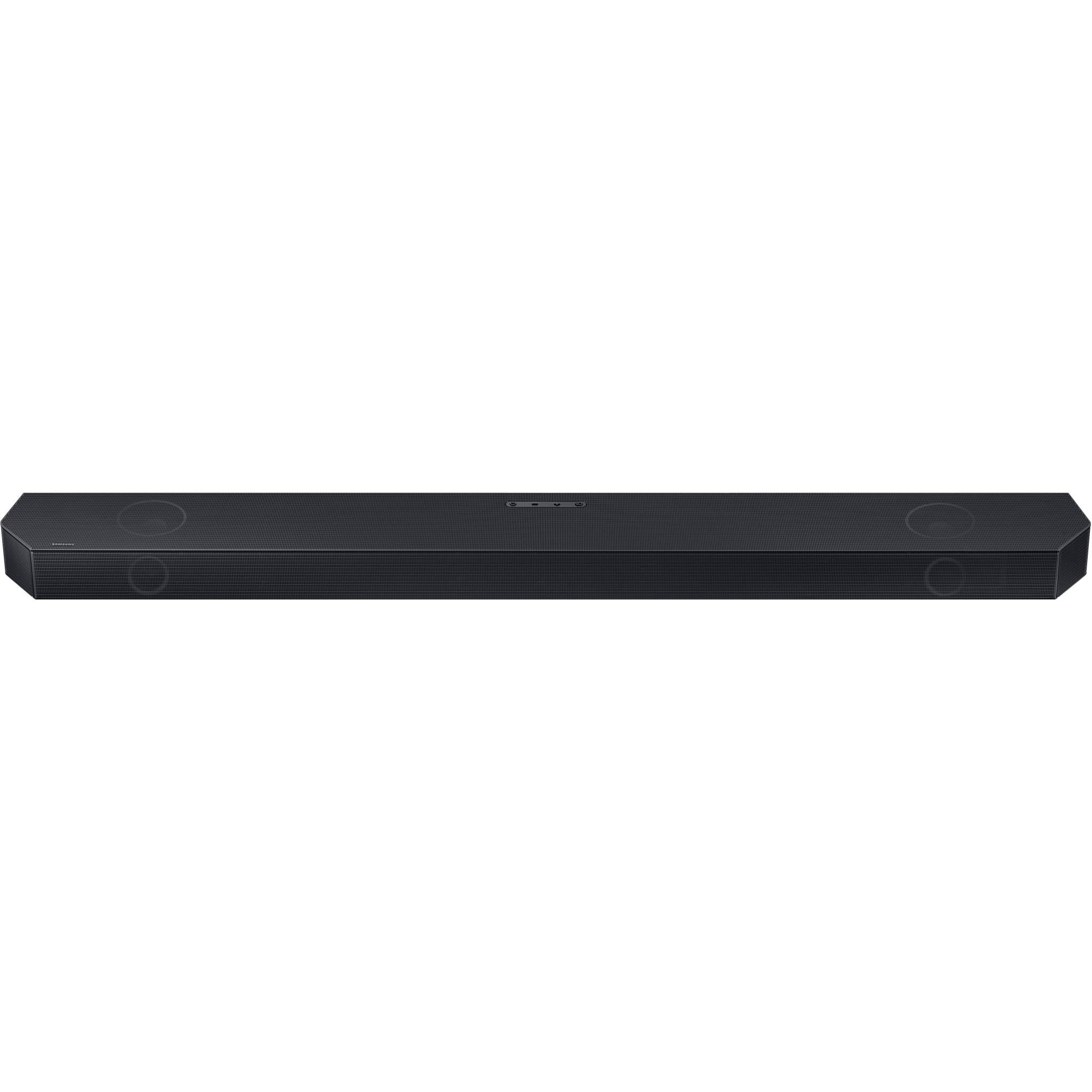 Black soundbar speaker bar front view, slim design with speaker circles
