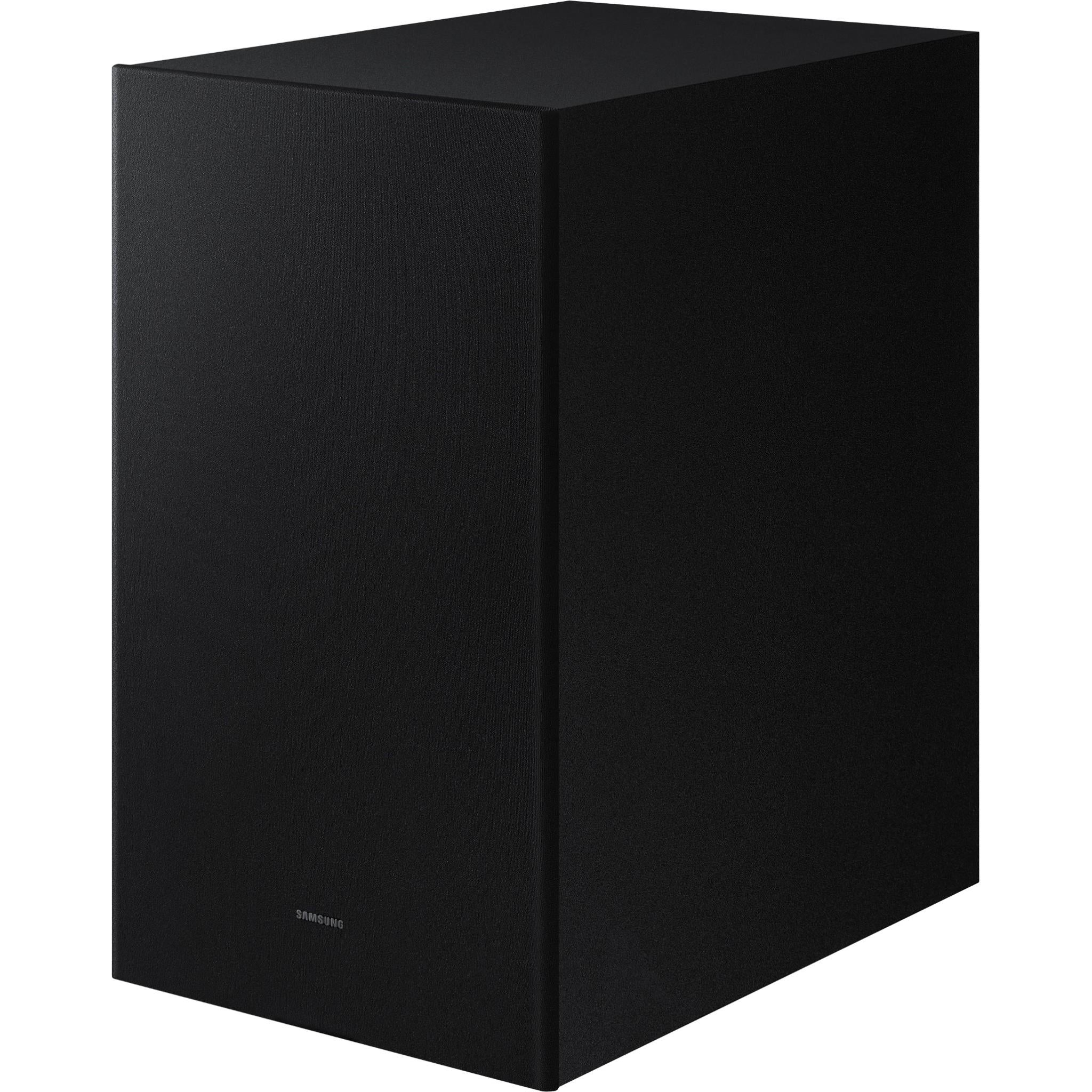 Black wireless subwoofer box speaker, smooth enclosure with small logo