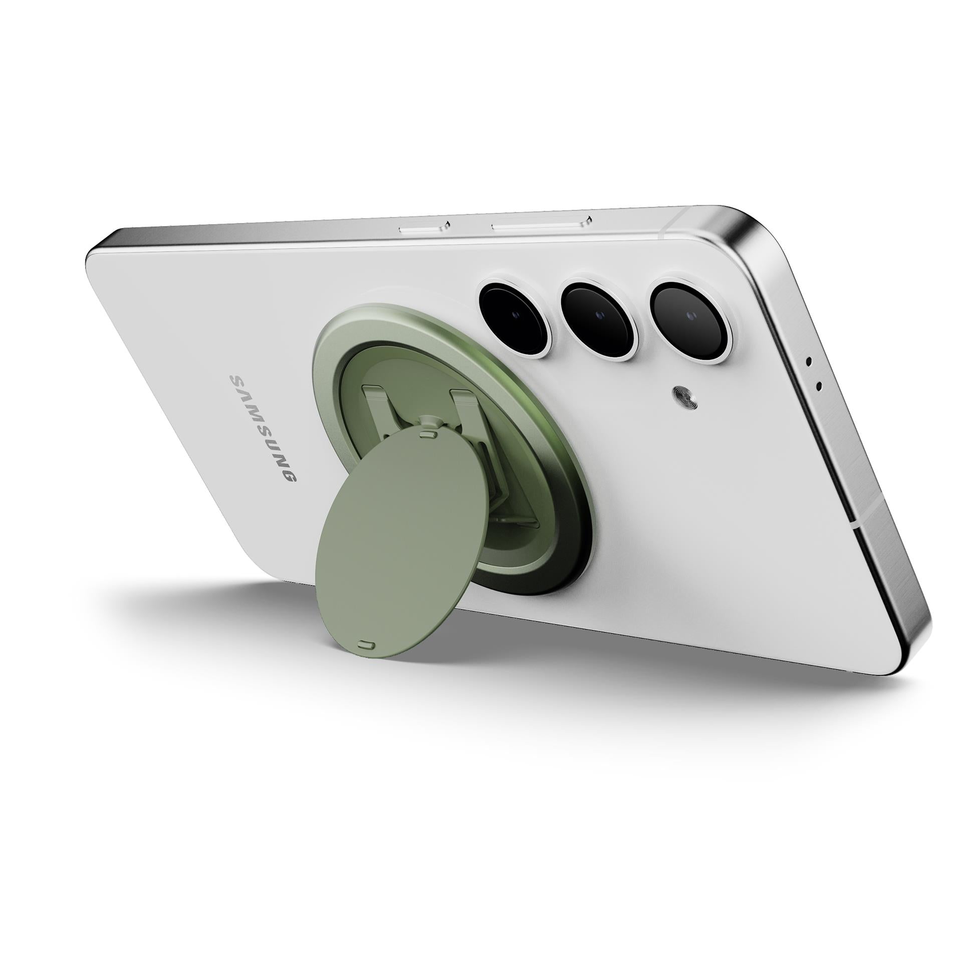 Green phone grip stand mounted on the back of a white smartphone
